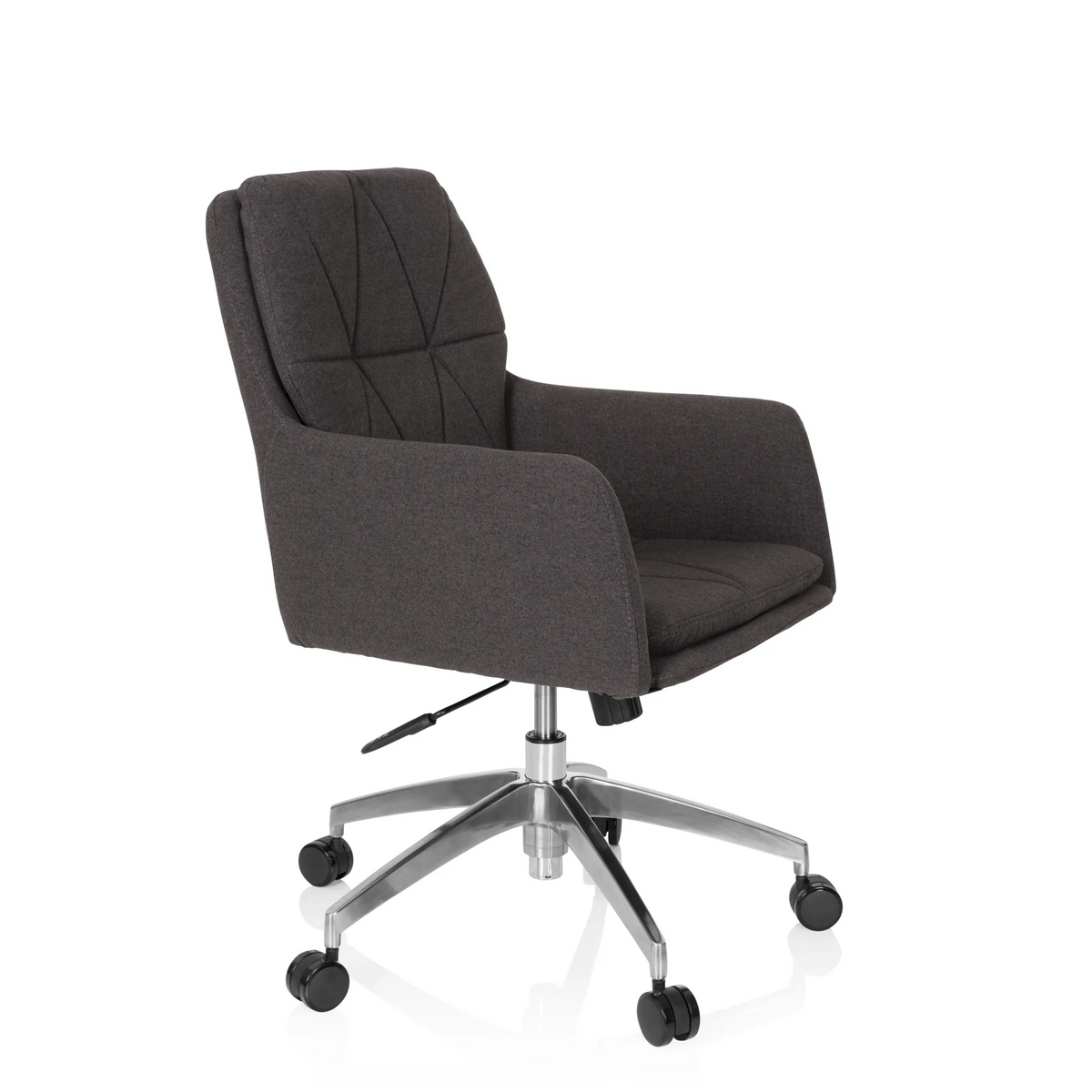 Dark grey Home Office Chair SHAKE 350 with quilted pattern and five-caster base by hjh OFFICE – 360-degree view (front three-quarter view 60°)