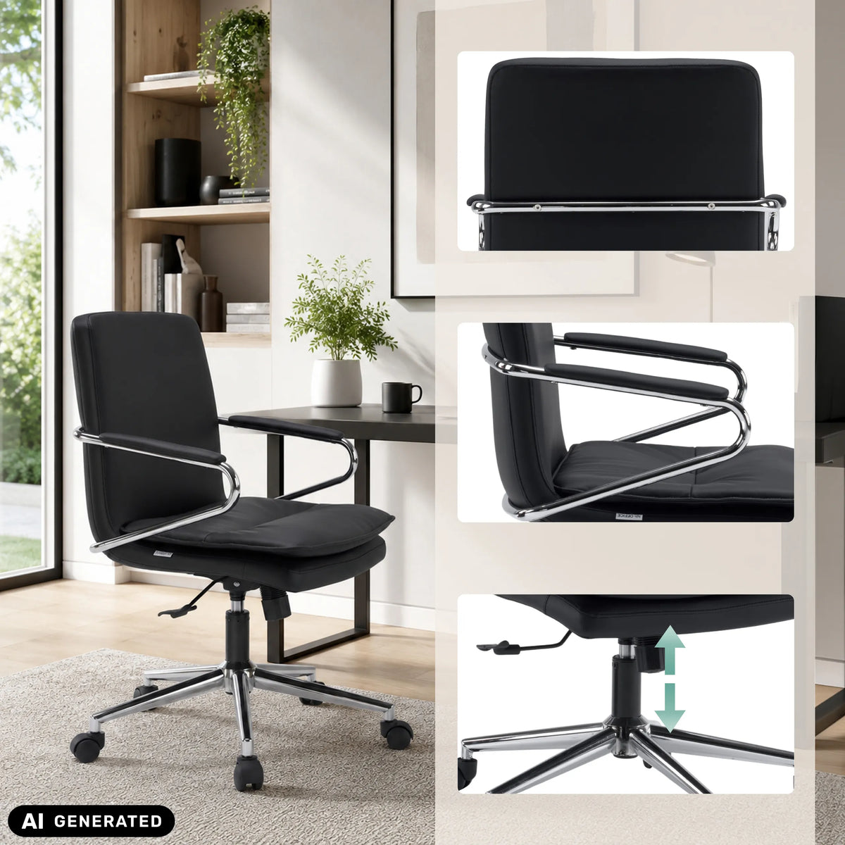Black Home Office Chair Rovento with armrests and chrome caster base by hjh OFFICE
