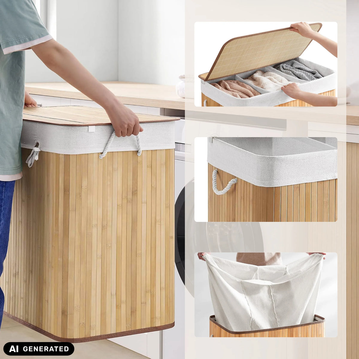FALSTER XXL B laundry basket made of bamboo with white fabric bag, lid and integrated carrying handles by hjh LIVING