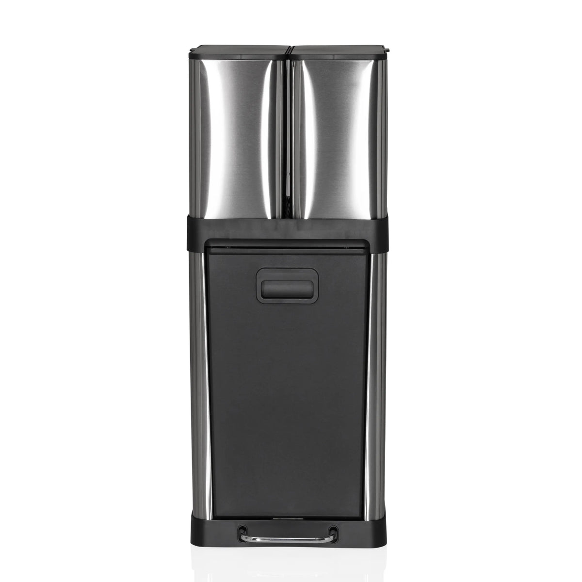 Silver wastepaper bin CLEAN 3 with two upper compartments and a black front flap by hjh OFFICE