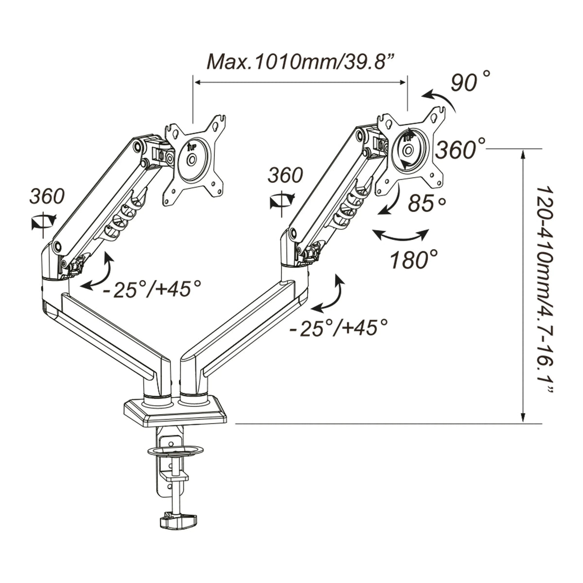 Technical drawing of the Monitor Mount Ergomount GF2 with a maximum width of 1010 mm by hjh OFFICE