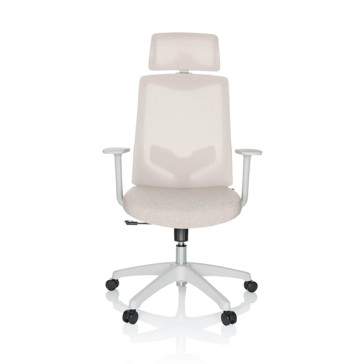 Beige Home Office Chair MIKEO W with headrest and white five-caster base by hjh OFFICE – 360-degree view (front view 0°)