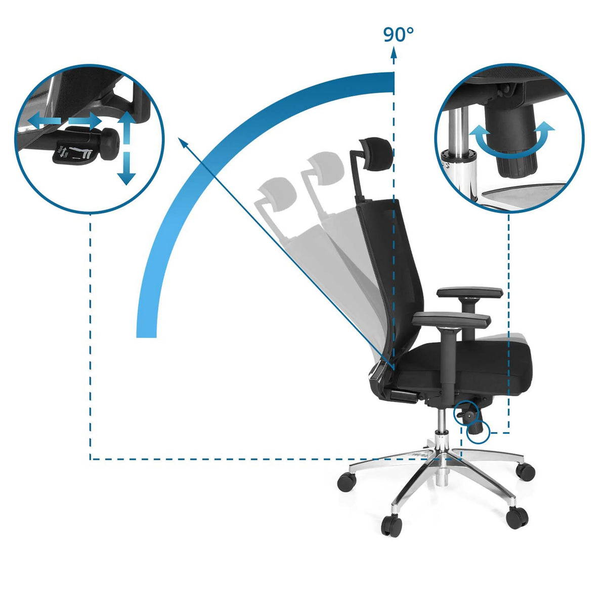 Adjustable backrest and seat height of the Professional Office Chair PORTO MAX HIGH with recline up to 90° by hjh OFFICE