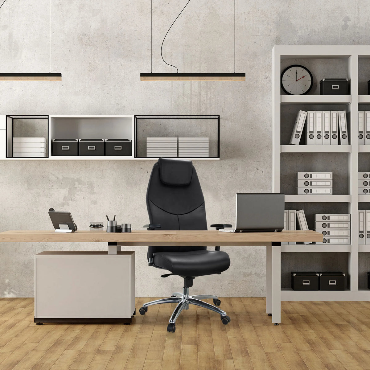 Professional Executive Chair FERRARA in black with headrest and armrests at a desk in the office by hjh OFFICE