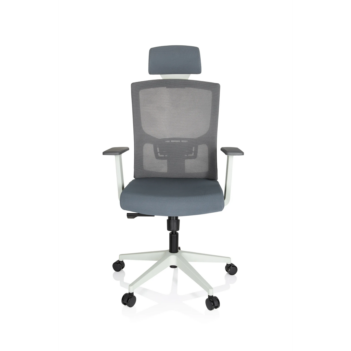 Grey Professional Office Chair CAPTIVO BASE W with mesh back, headrest and white five-caster base by hjh OFFICE – 360-degree view (front view 0°)