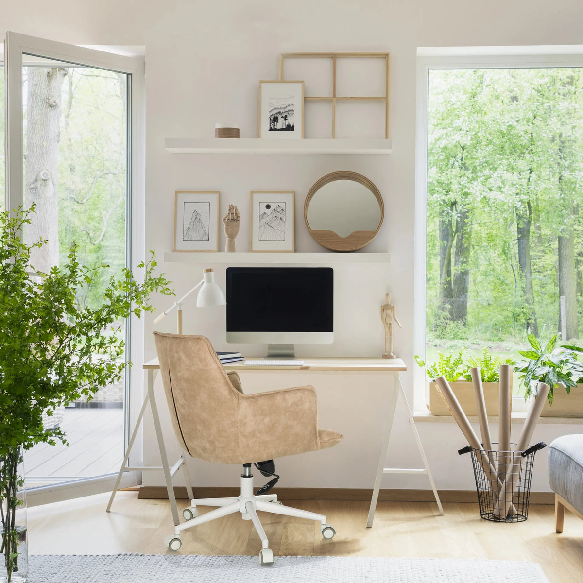 Beige Home Office Chair SOLAO LIFE W with castors and white frame by hjh LIVING