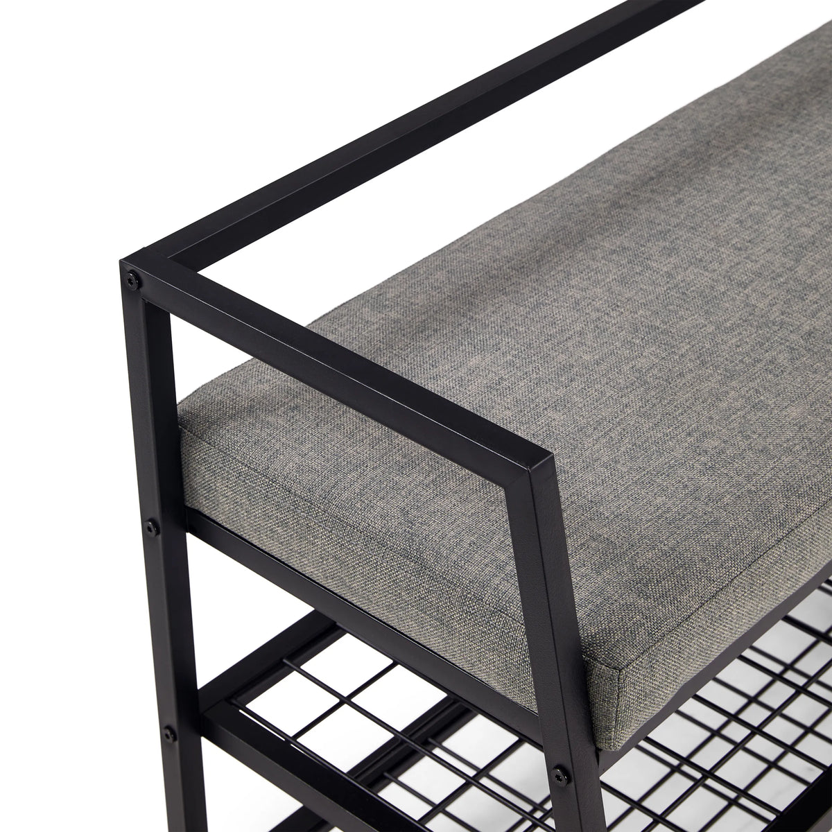 Grey seat and black metal frame of the Estha Loft shoe cabinet by hjh LIVING