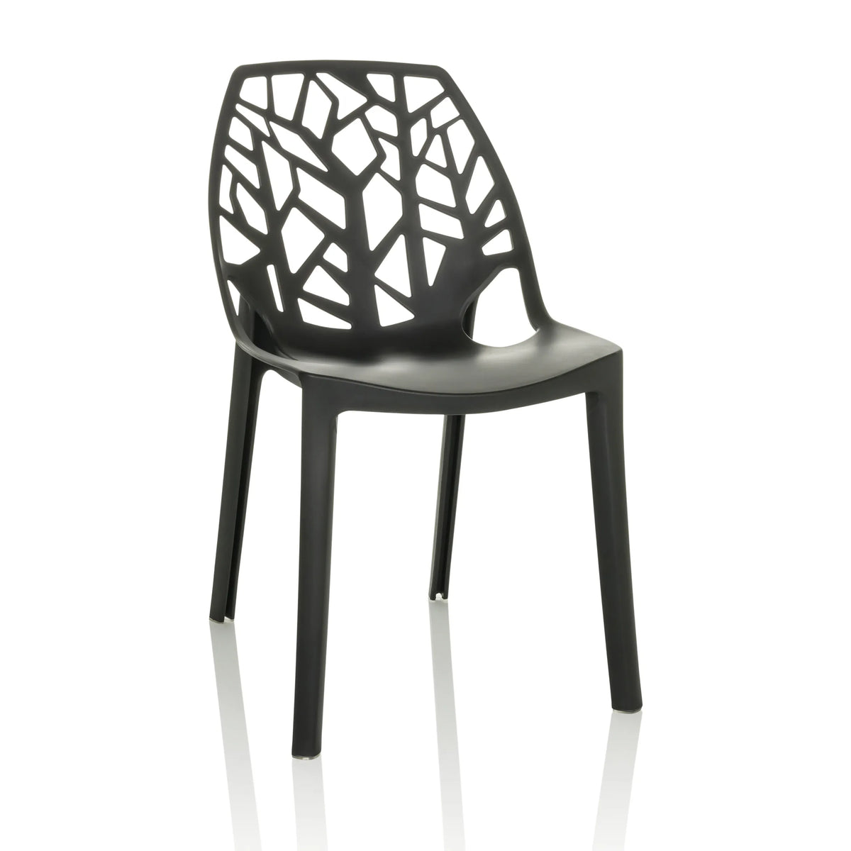 Black Outdoor chair ARTIFO TRI with perforated backrest in organic look by hjh OFFICE – 360-degree view (front view 15°)