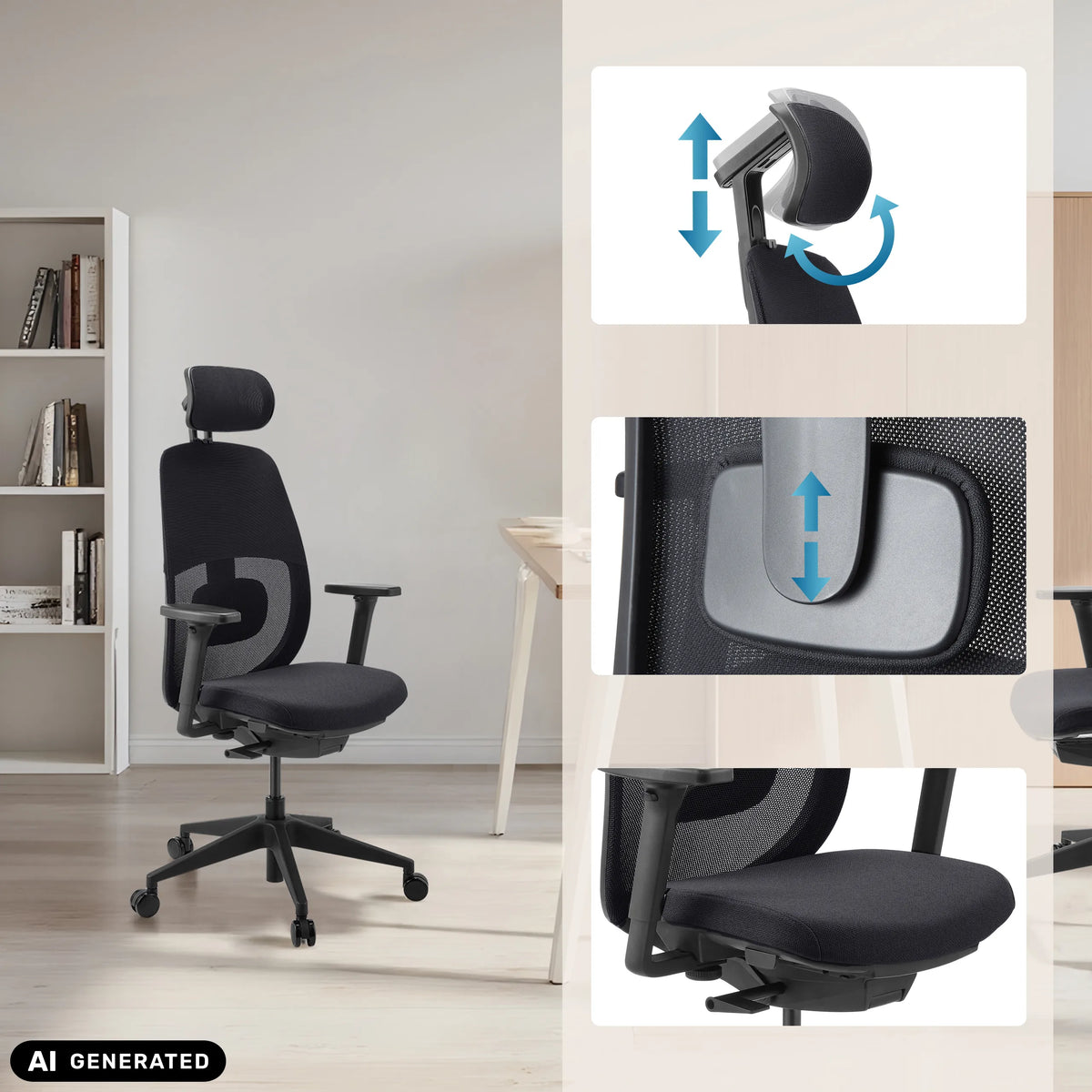 Adjustable headrest and lumbar support of the Professional Office Chair Skandis Pro by hjh OFFICE (AI-generated image)