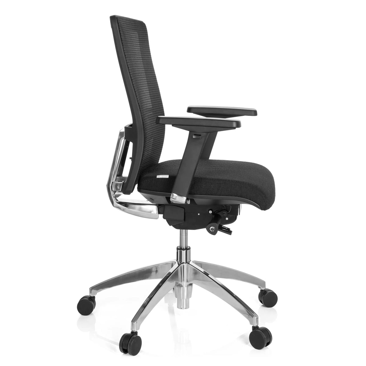 Black Professional Office Chair ASTRA BASE N with mesh back and glossy five-caster base by hjh OFFICE – 360-degree view (side profile 80°)