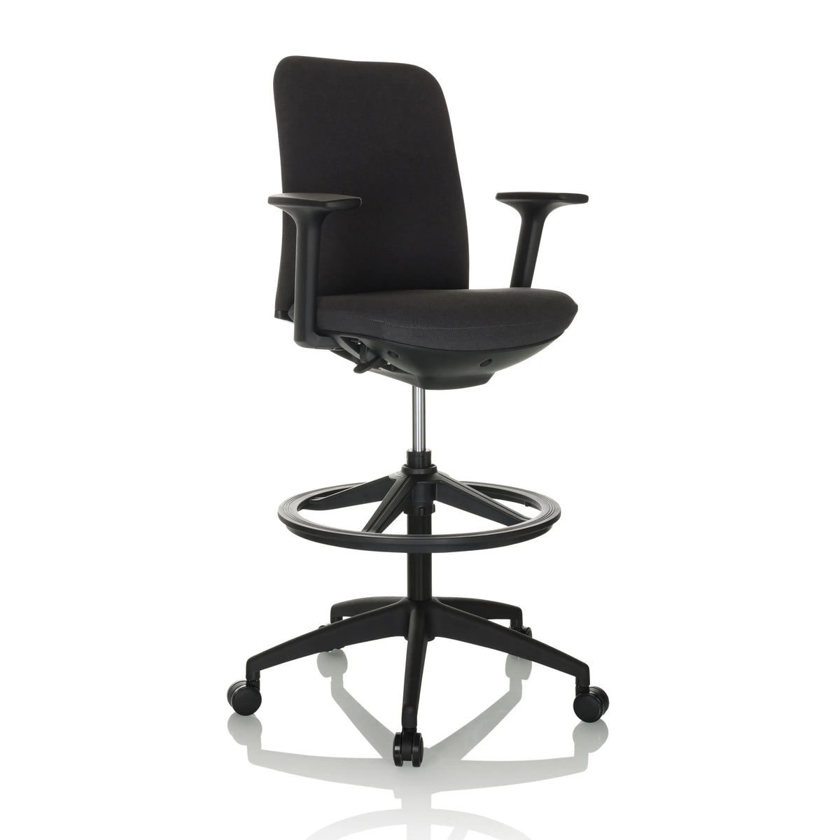 Black Counter chair NESTORA WORK with armrests, foot ring and five-caster base by hjh OFFICE – 360-degree view (front three-quarter view 30°)