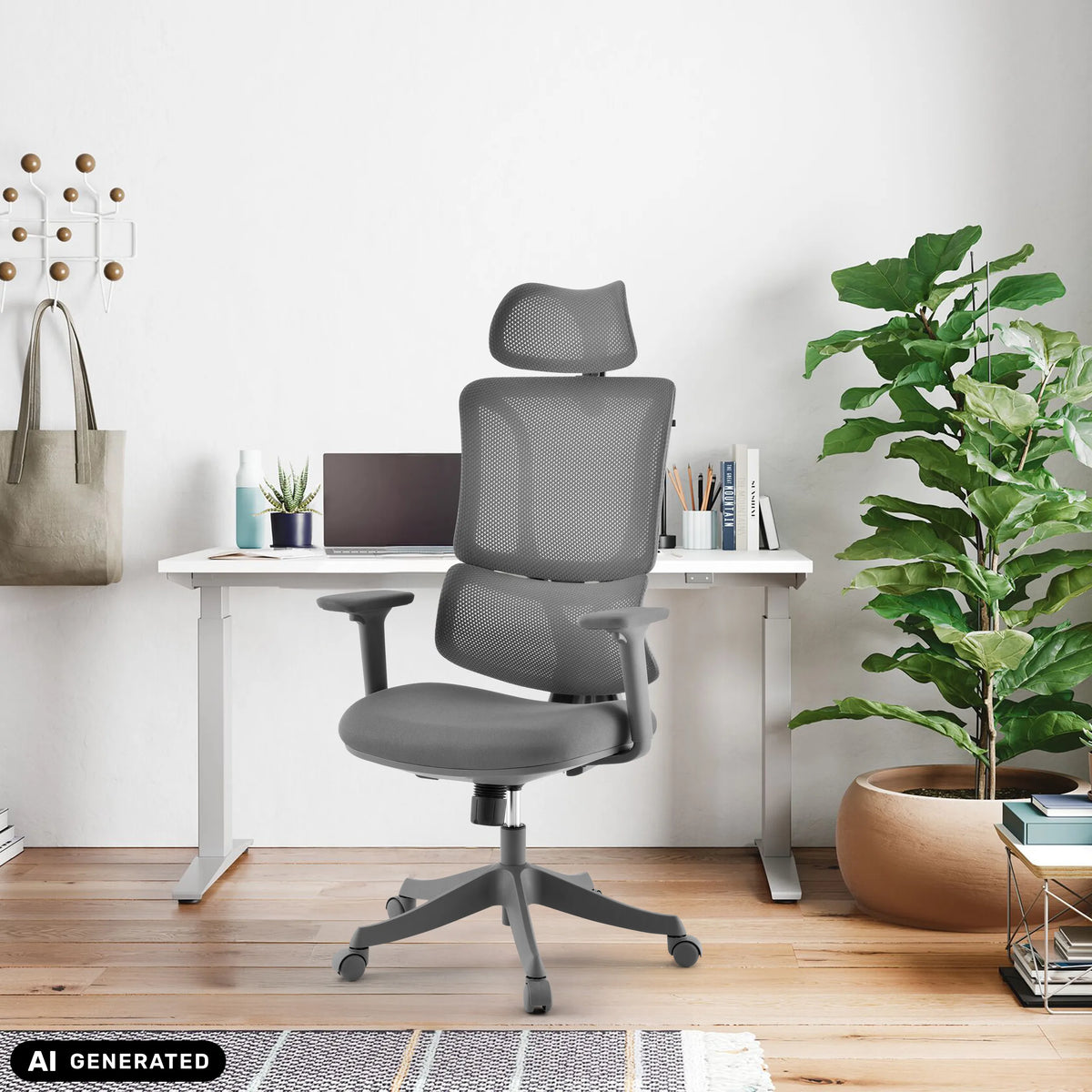 Grey Ergomy Colore Home Office Chair with mesh backrest and headrest by MyBuero (AI-generated image)