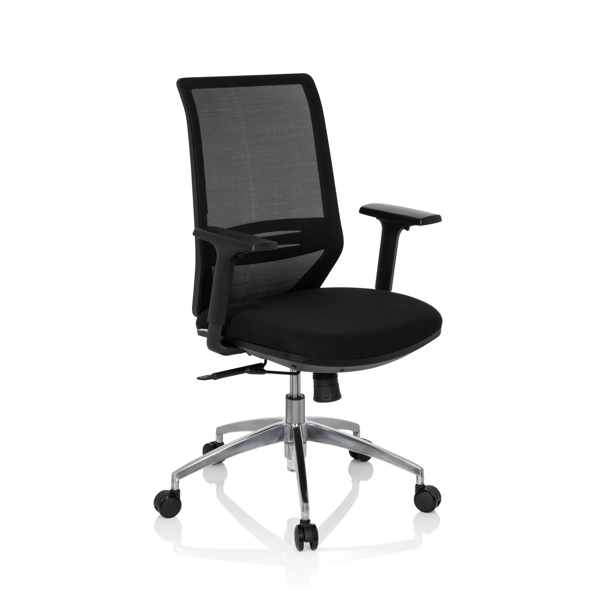 Black Professional Office Chair PROFONDO with mesh back and five-caster base by hjh OFFICE – 360-degree view (front three-quarter view 40°)