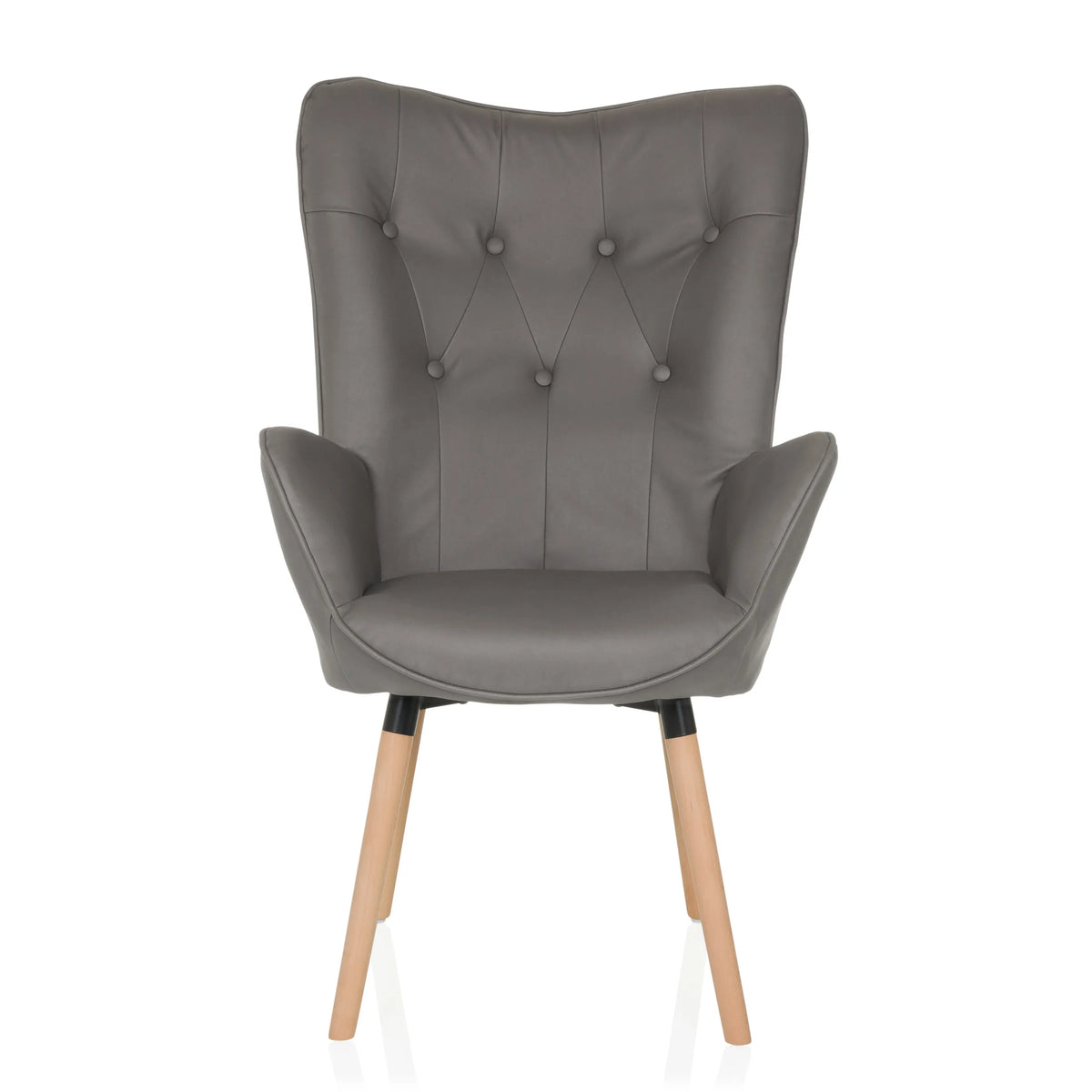 Grey Upholstered armchair HAVENIO I with button tufting, armrests and four wooden legs by hjh LIVING – 360-degree view (front view 0°)