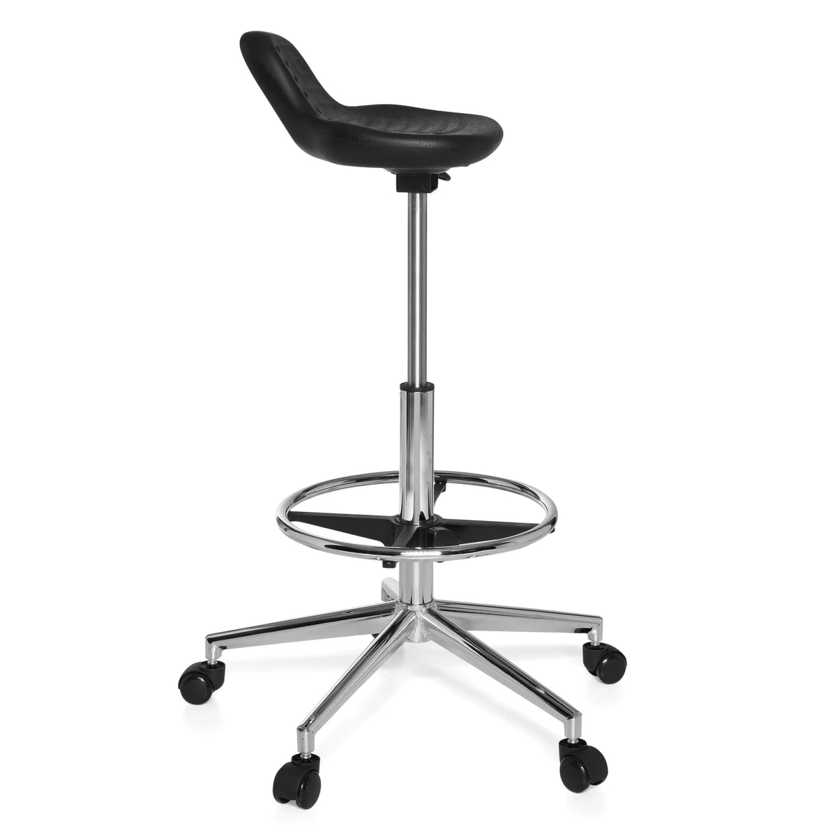 Black Swivel stool TOP WORK 03 with foot ring and five-caster base by hjh OFFICE – 360-degree view (side profile 80°)