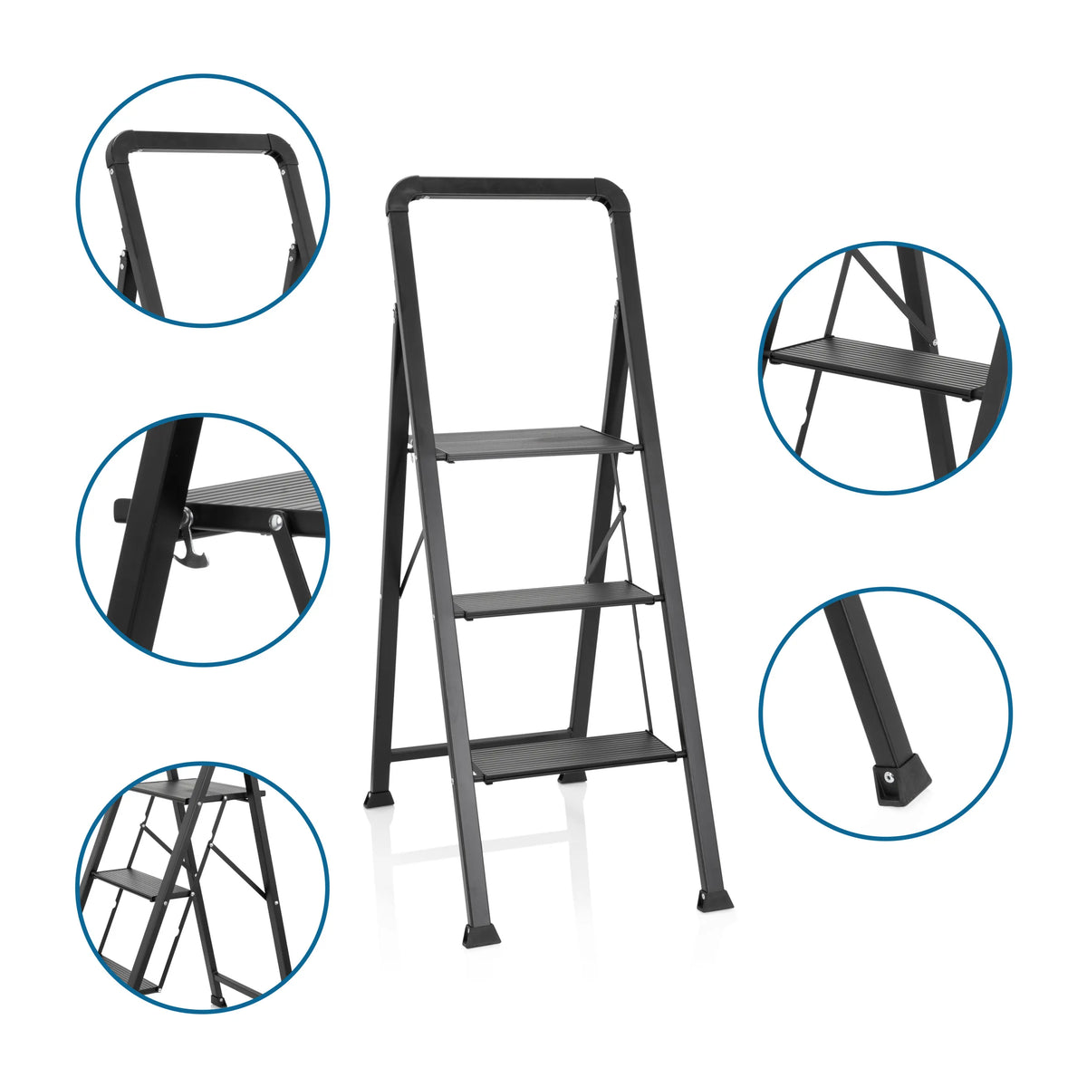 Black Folding Ladder SOLID W6 with three steps, handrail and non-slip feet by hjh OFFICE