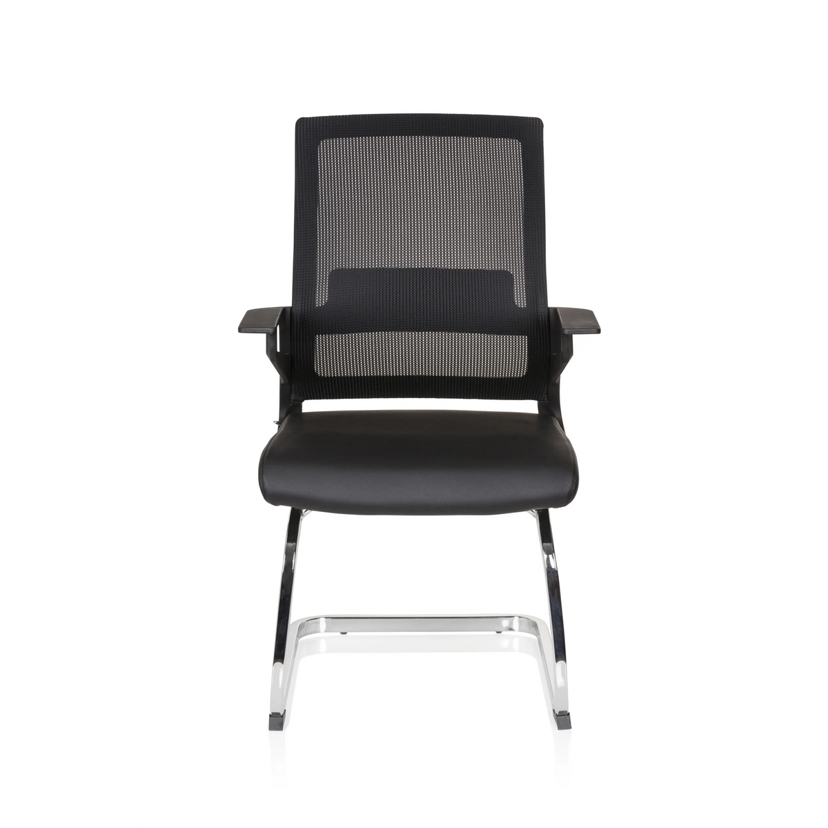 Black Cantilever chair INVENTOR V PRO with mesh back, armrests and sled base by hjh OFFICE – 360-degree view (front view 0°)