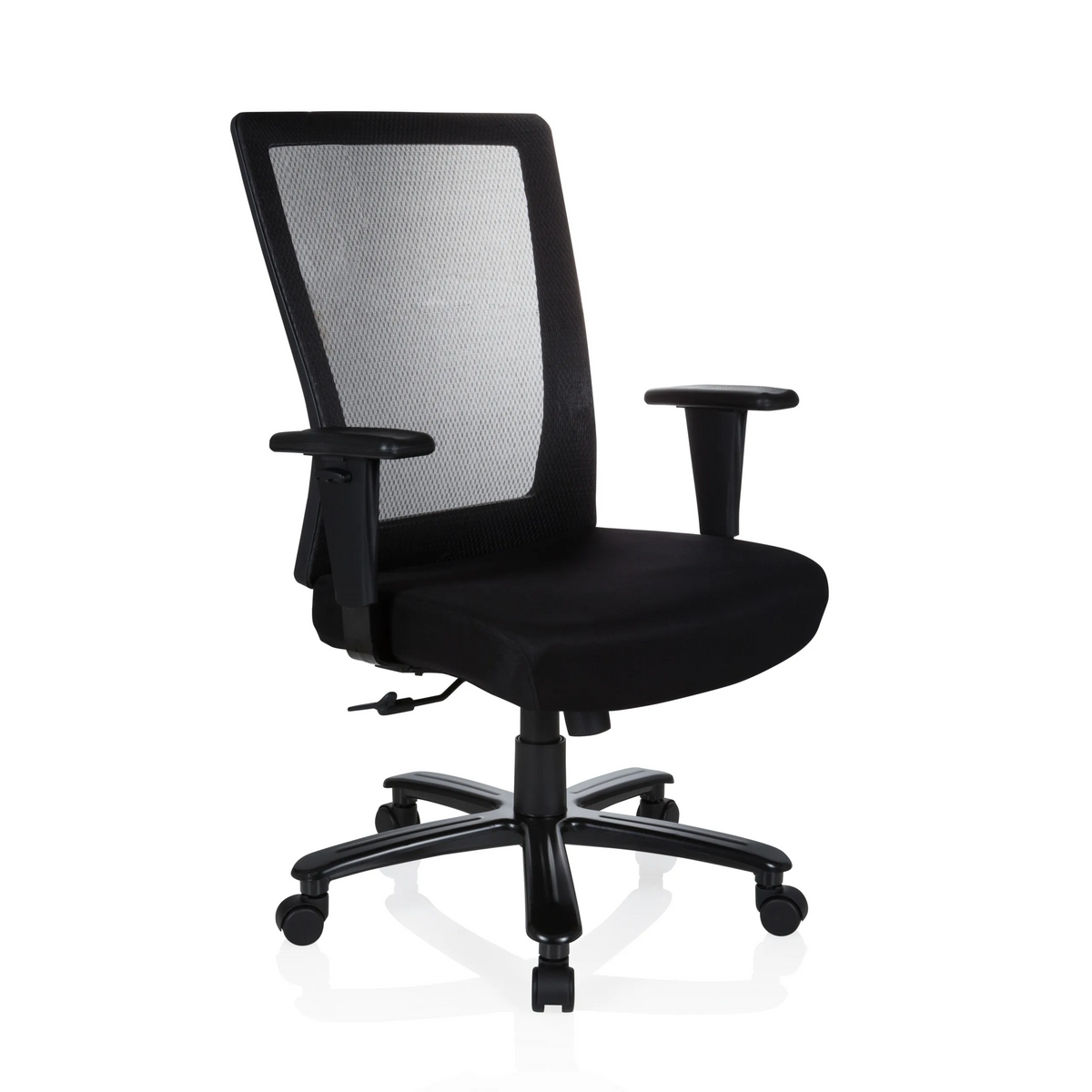 Black Swivel Chair XXL EXTENDER with mesh back and five-caster base by hjh OFFICE – 360-degree view (front three-quarter view 40°)