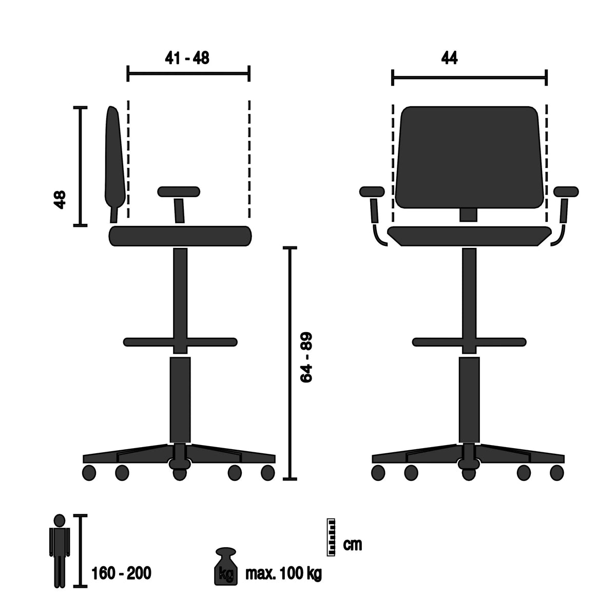Technical drawing of the Counter chair TOP WORK STYLE with a seat height of 64–89 cm by hjh OFFICE