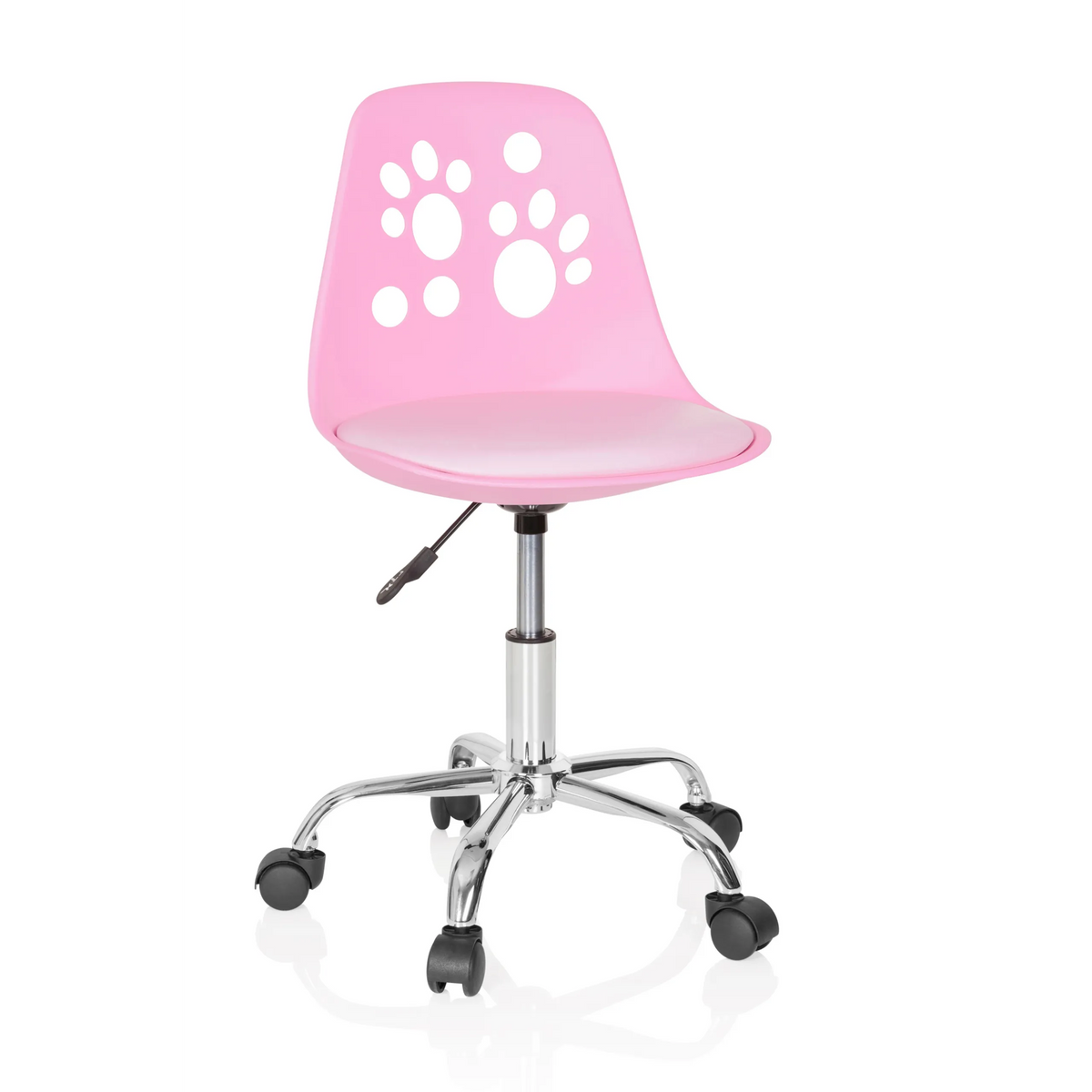 Pink Swivel Chair – Children FANCY I with paw prints on the backrest and a five-caster base by hjh OFFICE – 360-degree view (front view 20°)