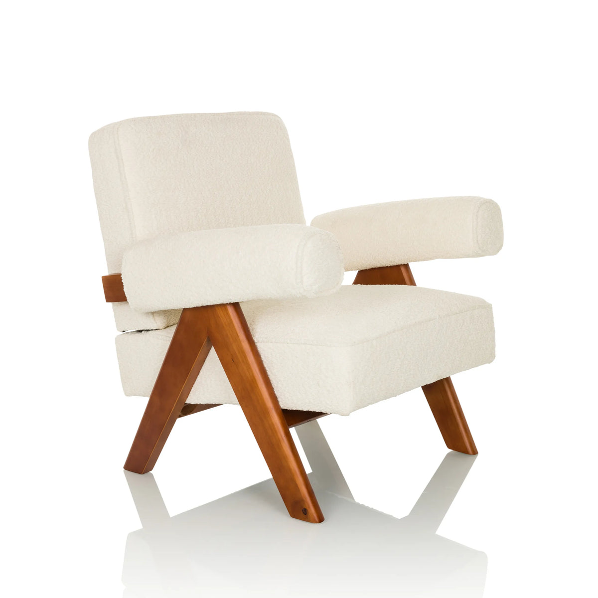 White Lounge Chair POOLY with textured upholstery and dark wooden legs by hjh LIVING – 360-degree view (front three-quarter view 45°)