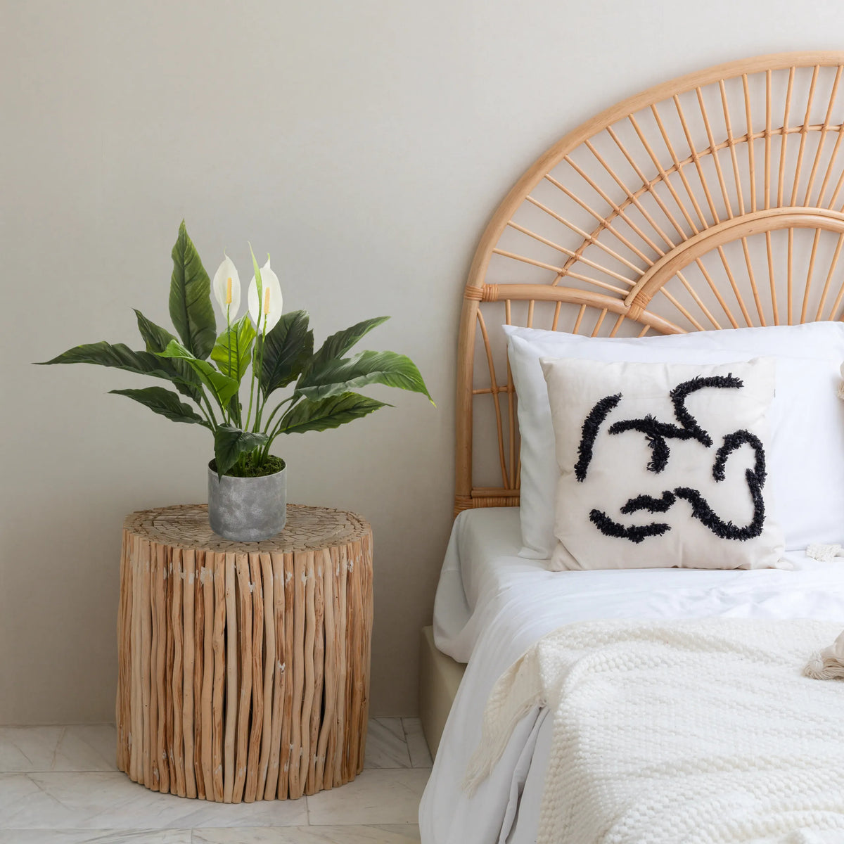Artificial plant Spathiphyllum 1 in a grey pot on a round wooden side table by hjh OFFICE