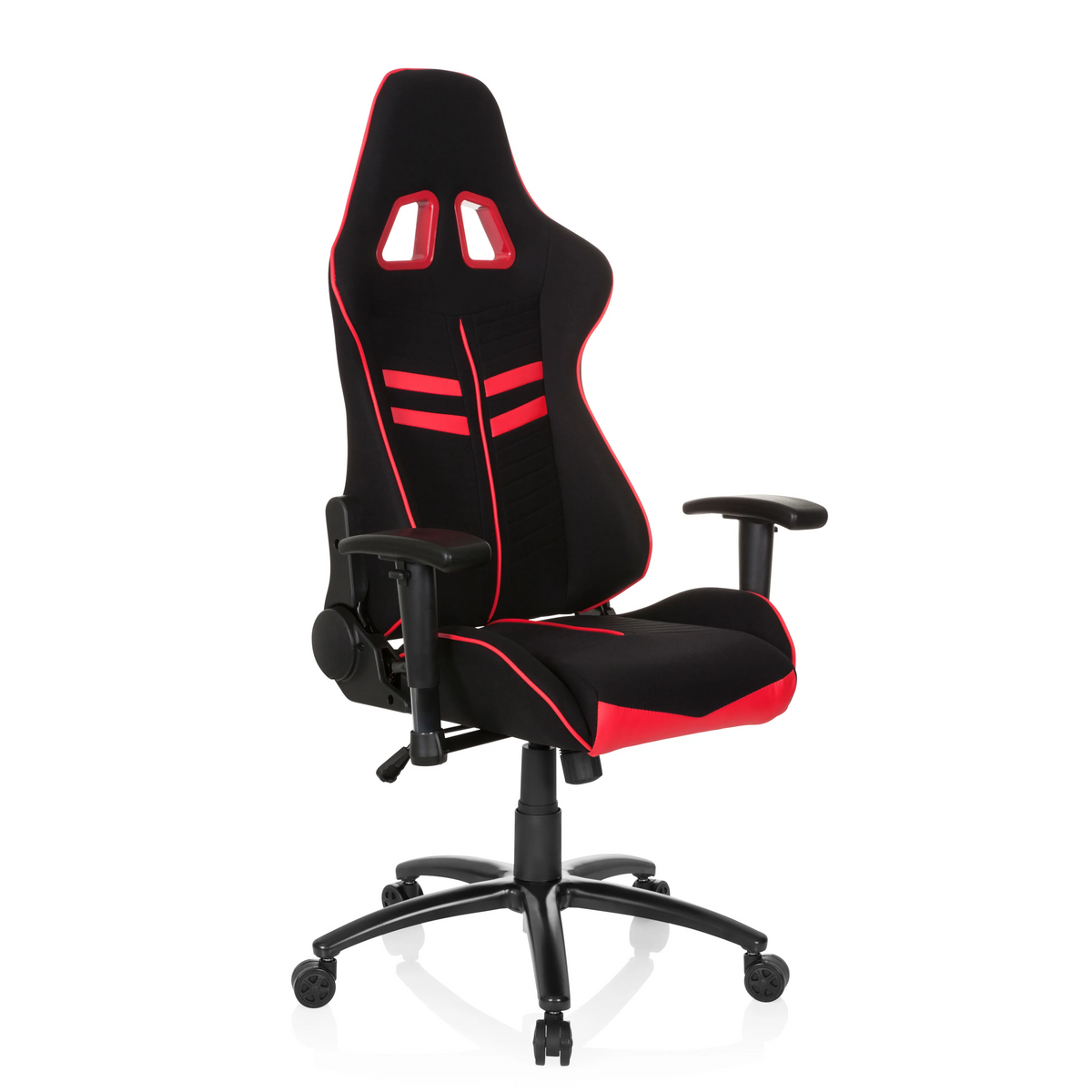 Black and red Gaming chair LEAGUE PRO I with two headrest openings and five-caster base by hjh OFFICE – 360-degree view (front three-quarter view 40°)