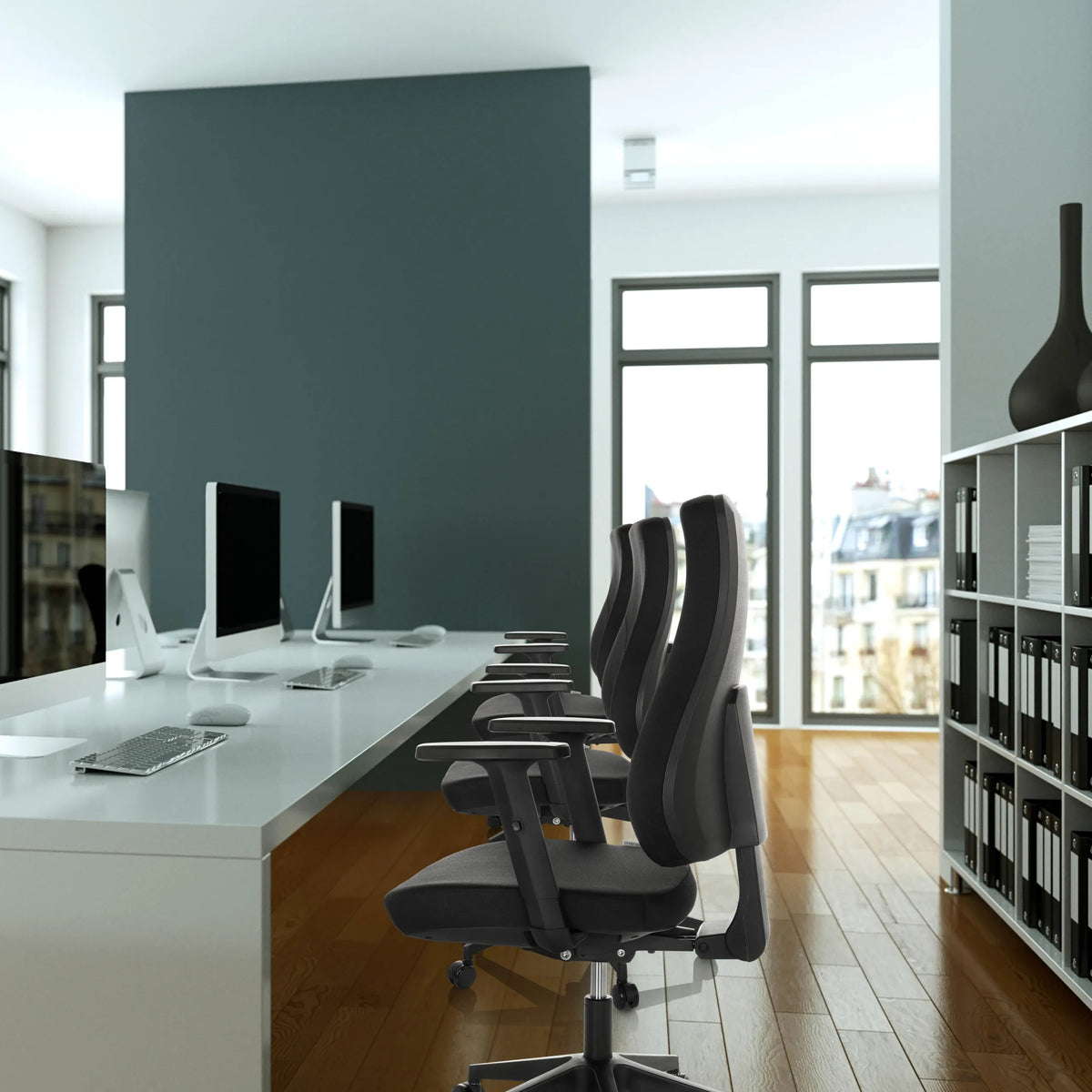 Professional Office Chair MATHES in black in a row at a white desk in a modern office by hjh OFFICE