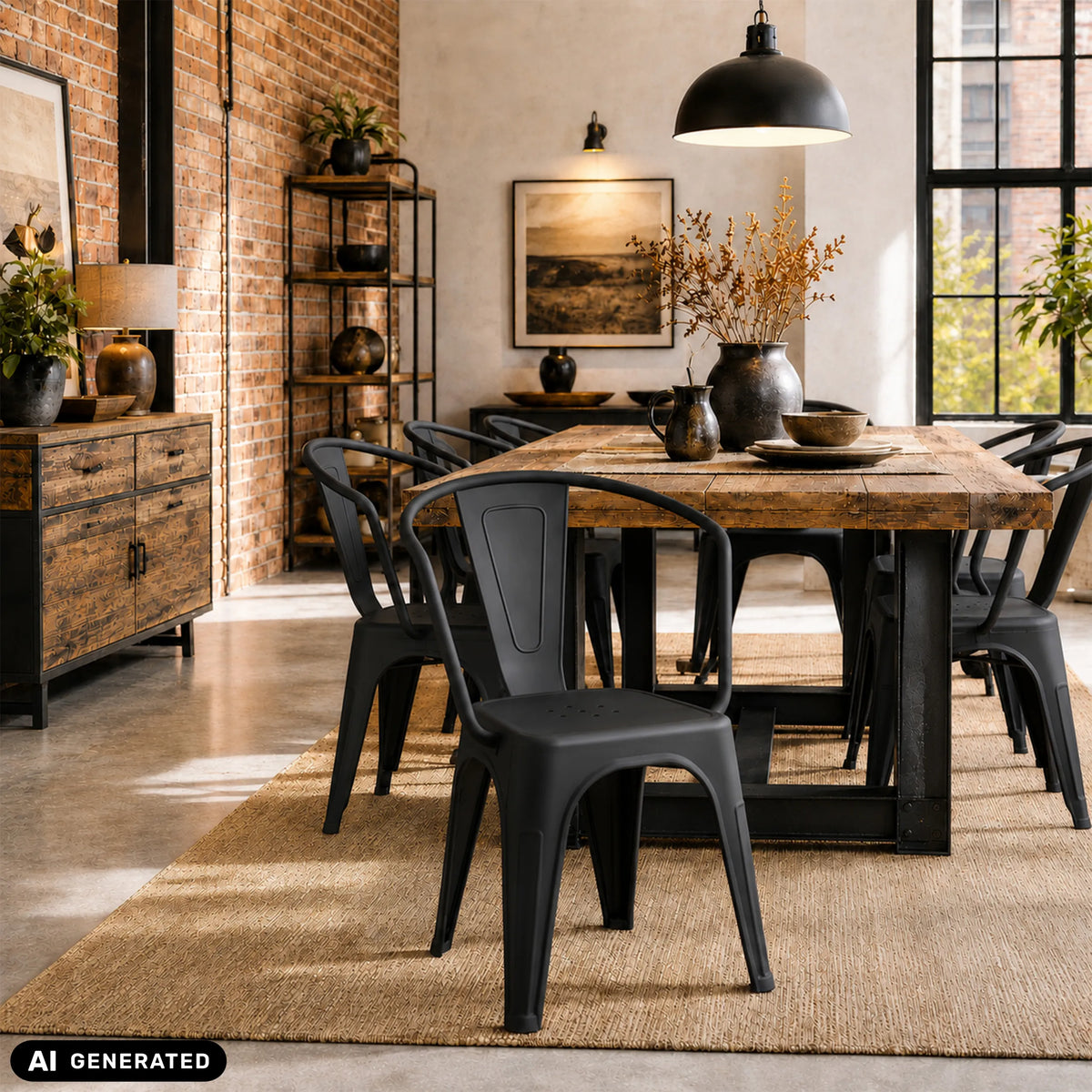 Black Vantaggio Poly bistro chairs at a rustic wooden table by hjh OFFICE (AI-generated image)