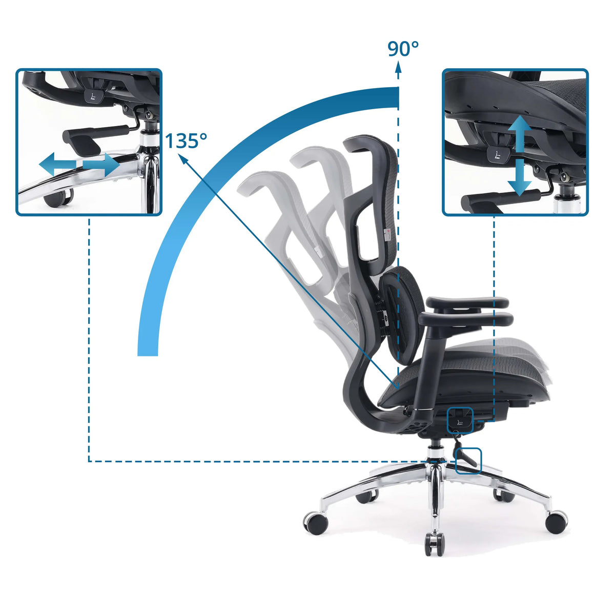 Adjustable tilt angle from 90 to 135 degrees of the Professional Office Chair S100-M301 by Sihoo