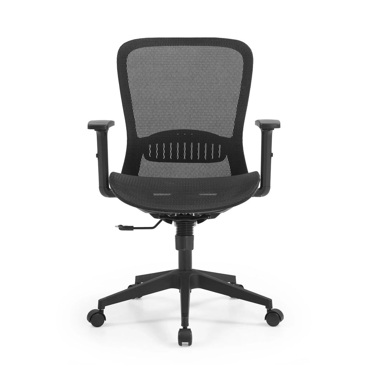 Black Professional Office ChAir Port 2 with mesh seat, mesh back and five-caster base by MyBuero – 360-degree view (front view 0°)