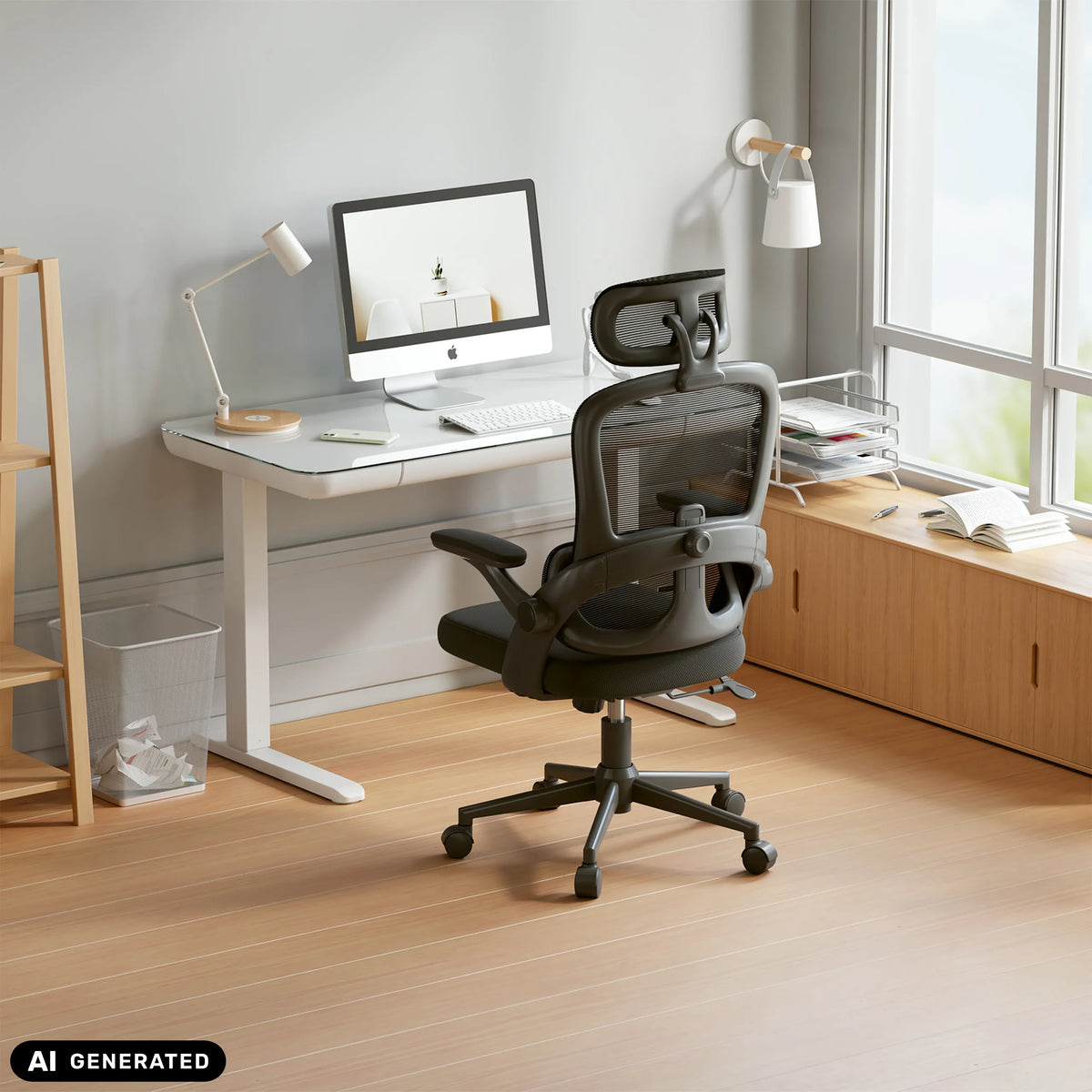 Black professional office chair MC102C-M101 with mesh backrest in a bright home office by Sihoo (AI-generated image)