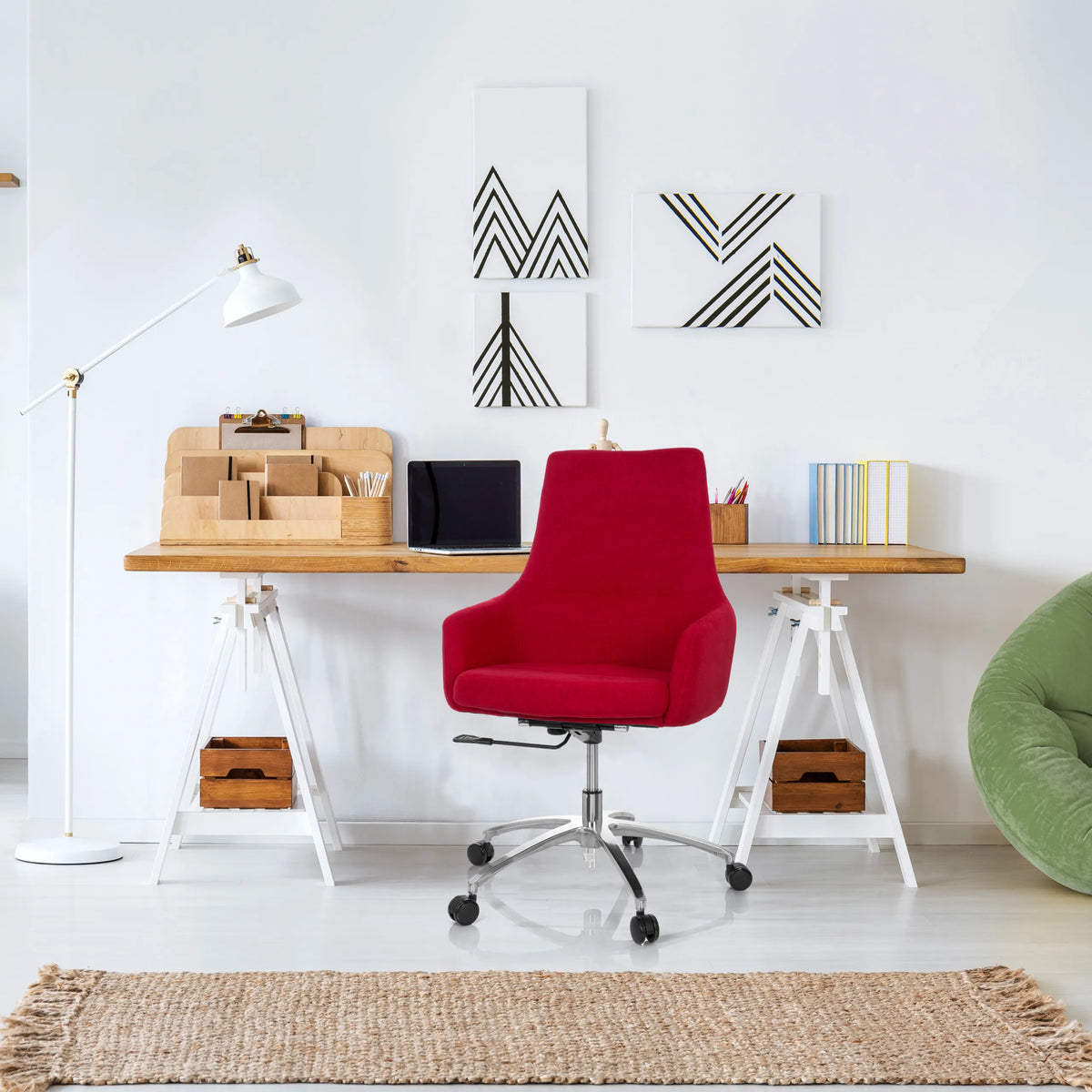 Red Home Office Chair SHAKE 100 with star base and castors in front of a desk by hjh OFFICE