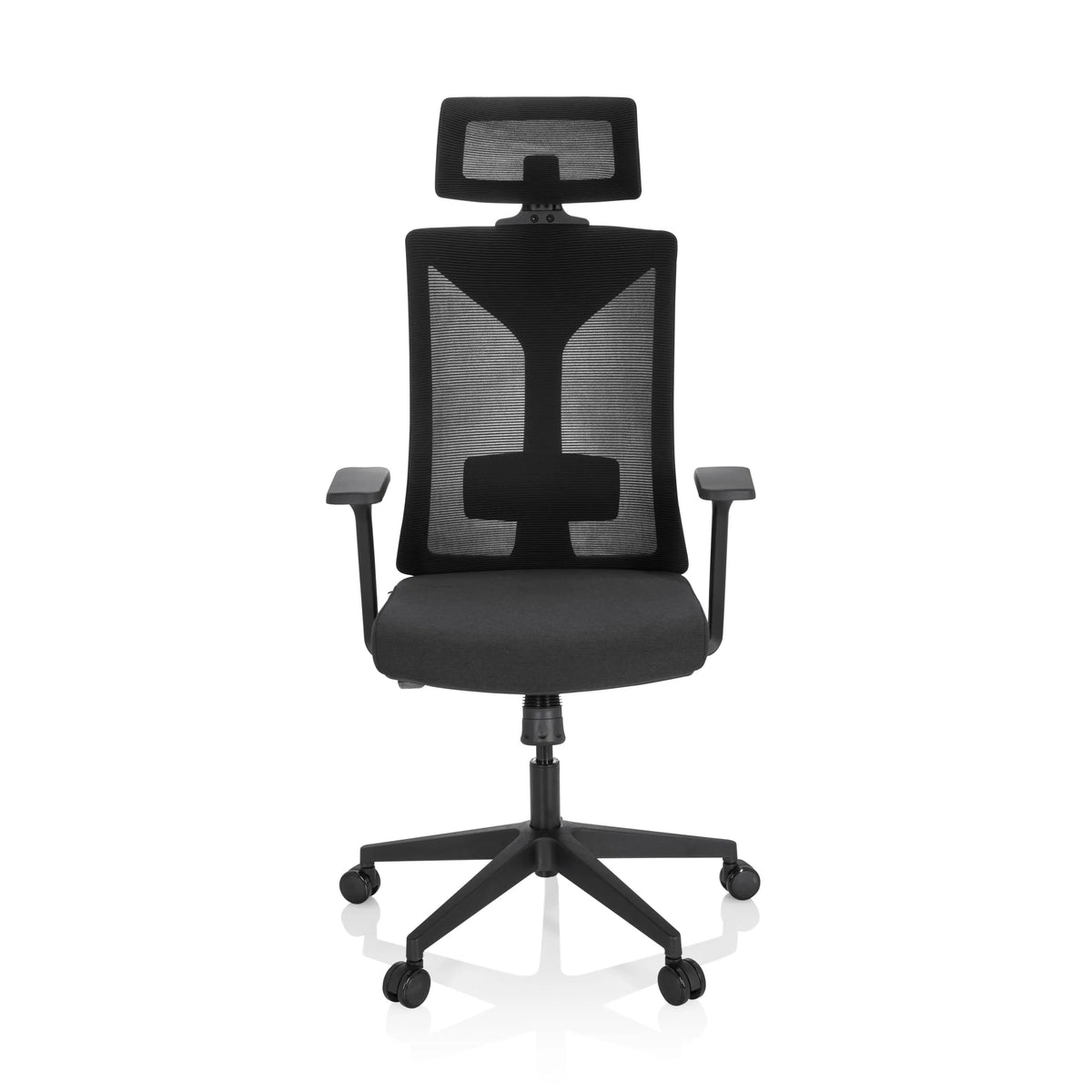 Black Professional Office Chair KODIAK with mesh back, headrest and five-caster base by hjh OFFICE – 360-degree view (front view 0°)