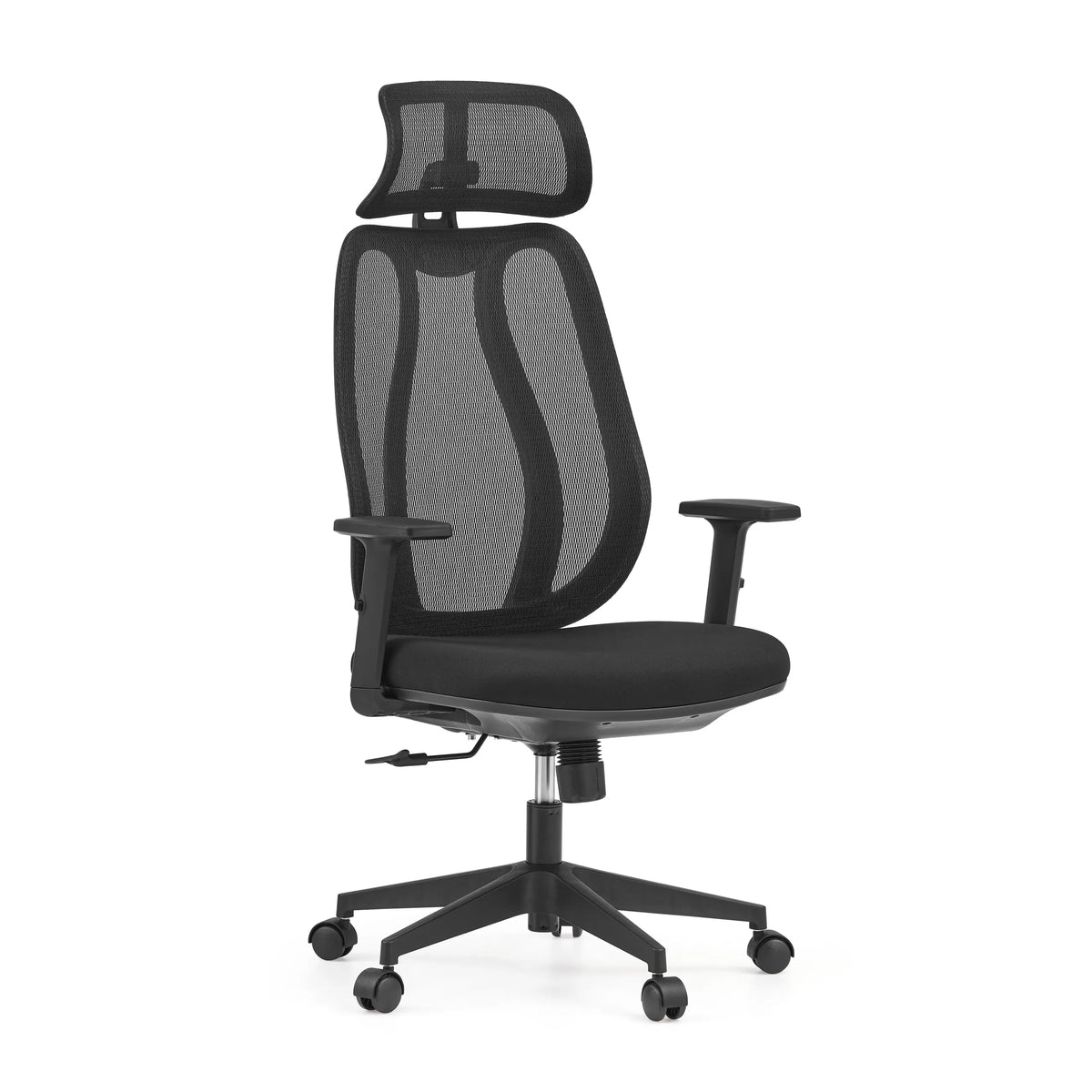 Black Professional Office Chair Filaro with mesh back, headrest and a five-caster base by hjh OFFICE – 360-degree view (front three-quarter view 30°)