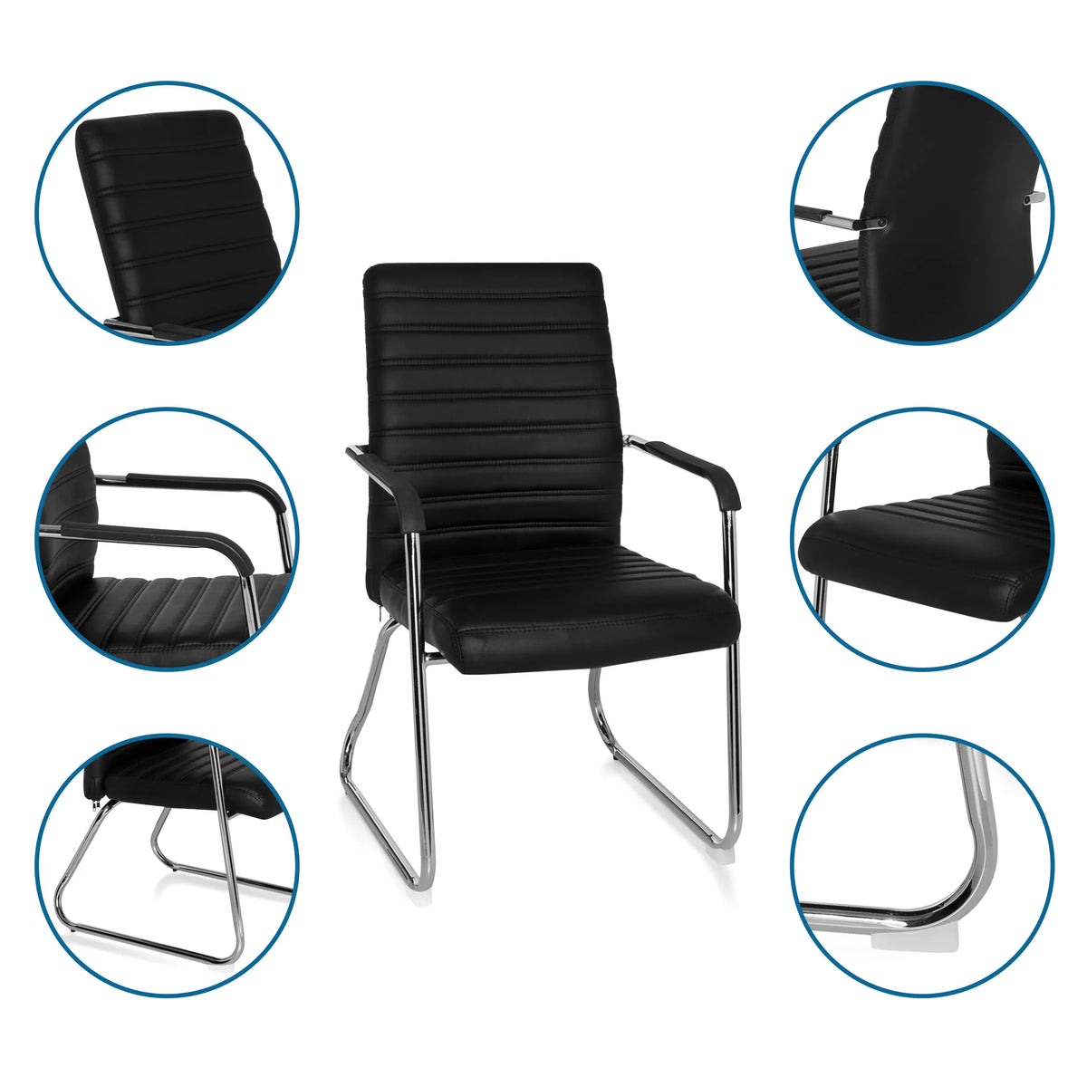 Guest Chair STEEL V in black with sleigh base, armrests and quilted upholstery by hjh OFFICE
