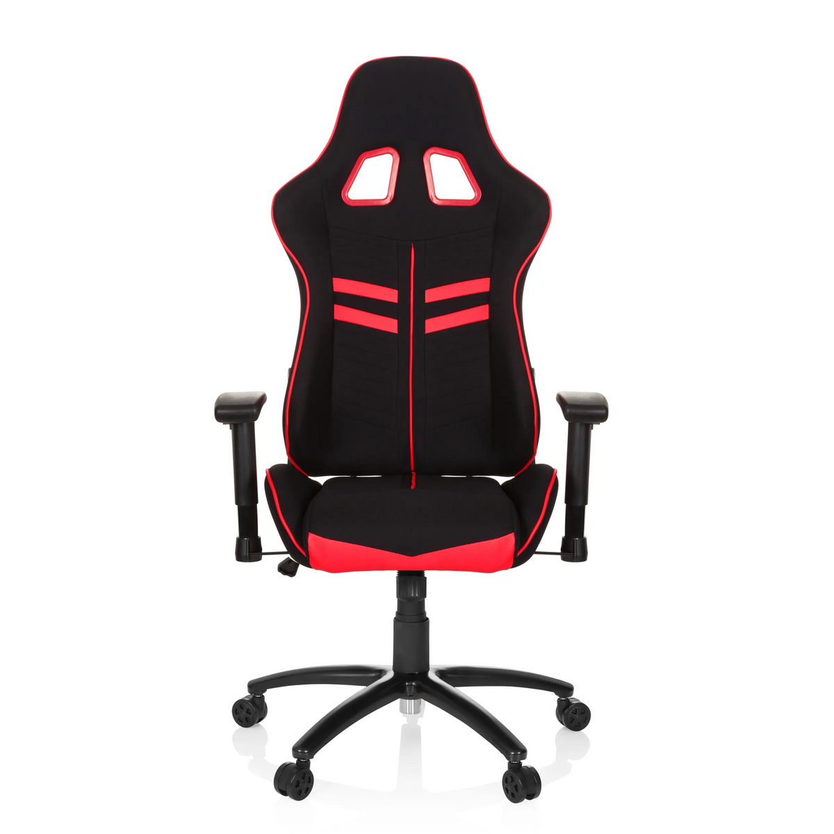Black and red Gaming chair LEAGUE PRO I with two headrest openings and five-caster base by hjh OFFICE – 360-degree view (front view 0°)