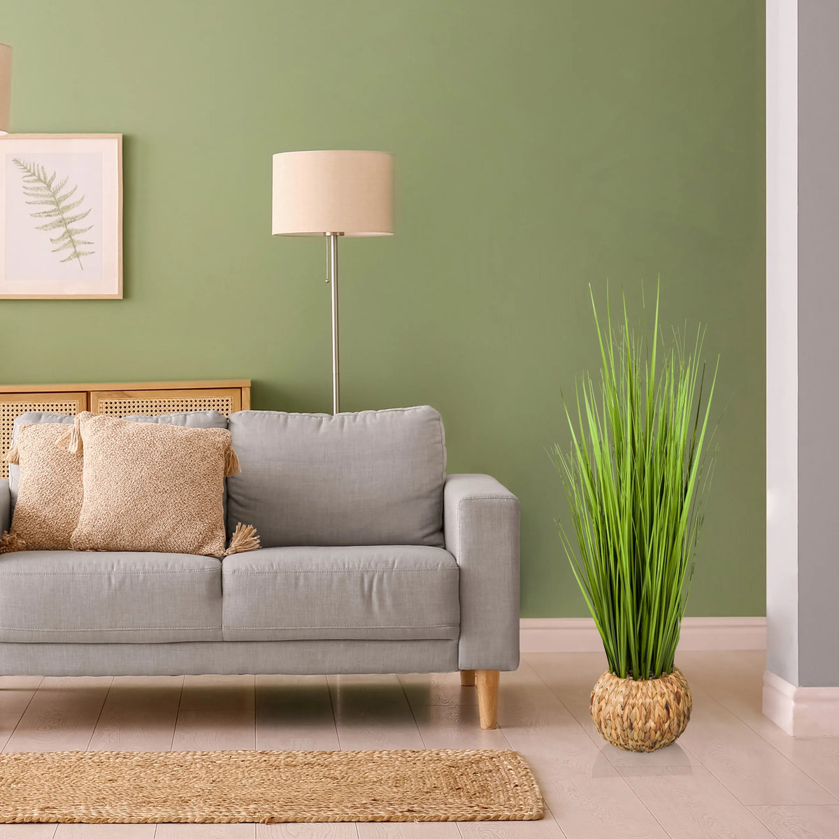 Green artificial plant CORTADERIA in a woven basket by hjh OFFICE