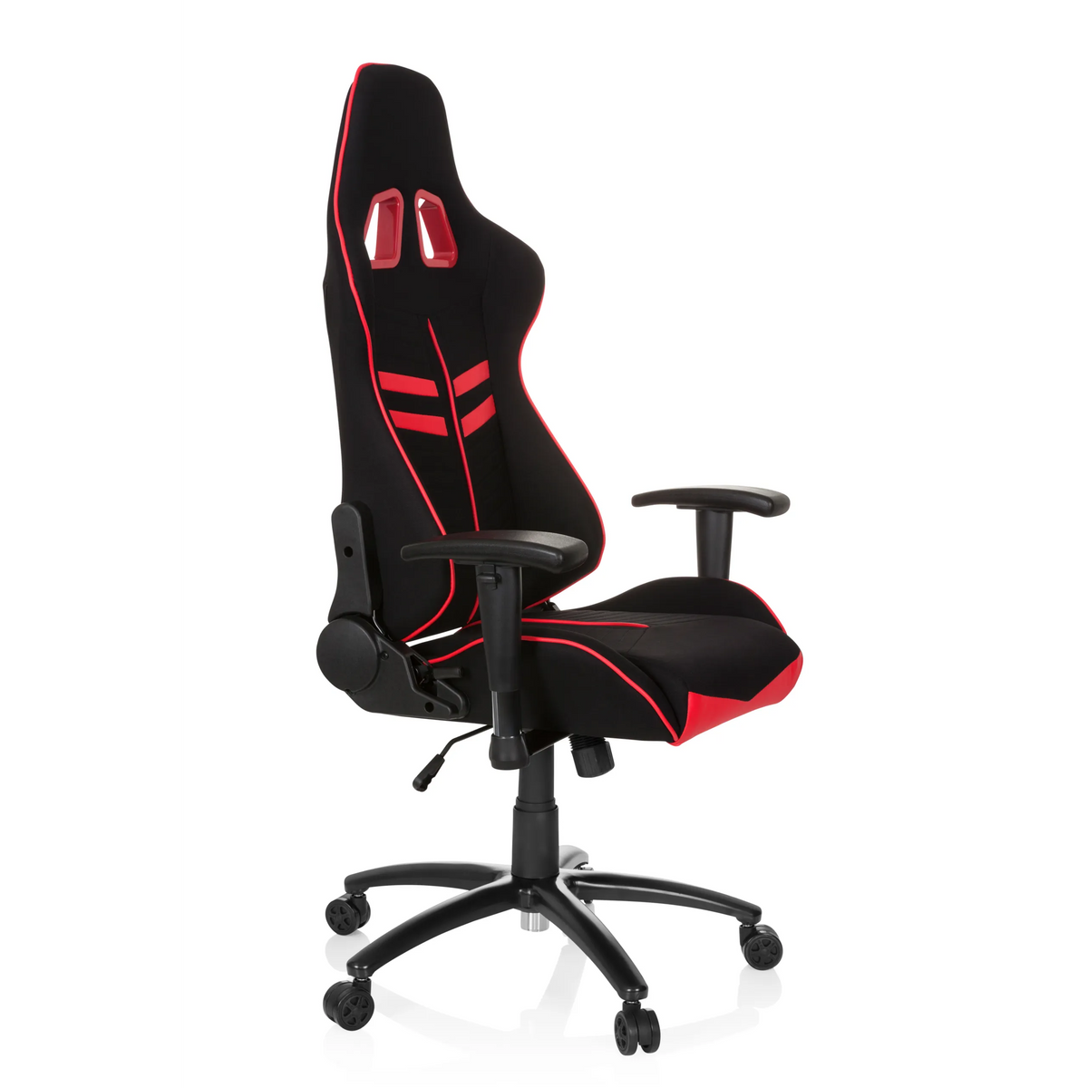 Black and red Gaming chair LEAGUE PRO I with two headrest openings and five-caster base by hjh OFFICE – 360-degree view (front three-quarter view 60°)