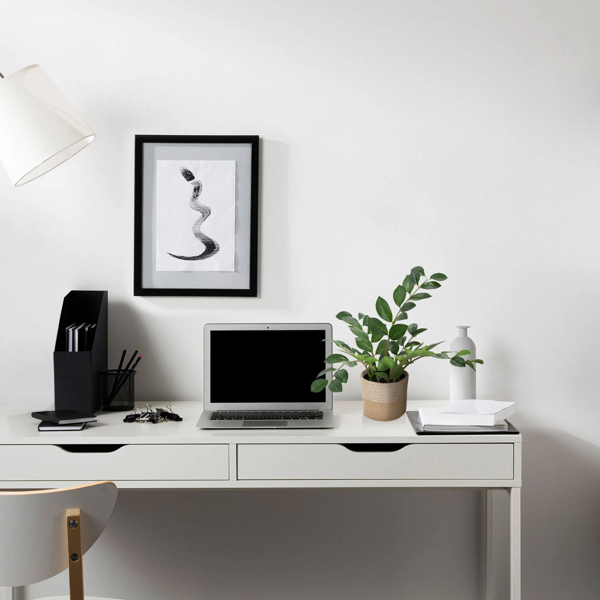 Green Artificial plant ZAMIE in a woven pot on a white desk by hjh OFFICE