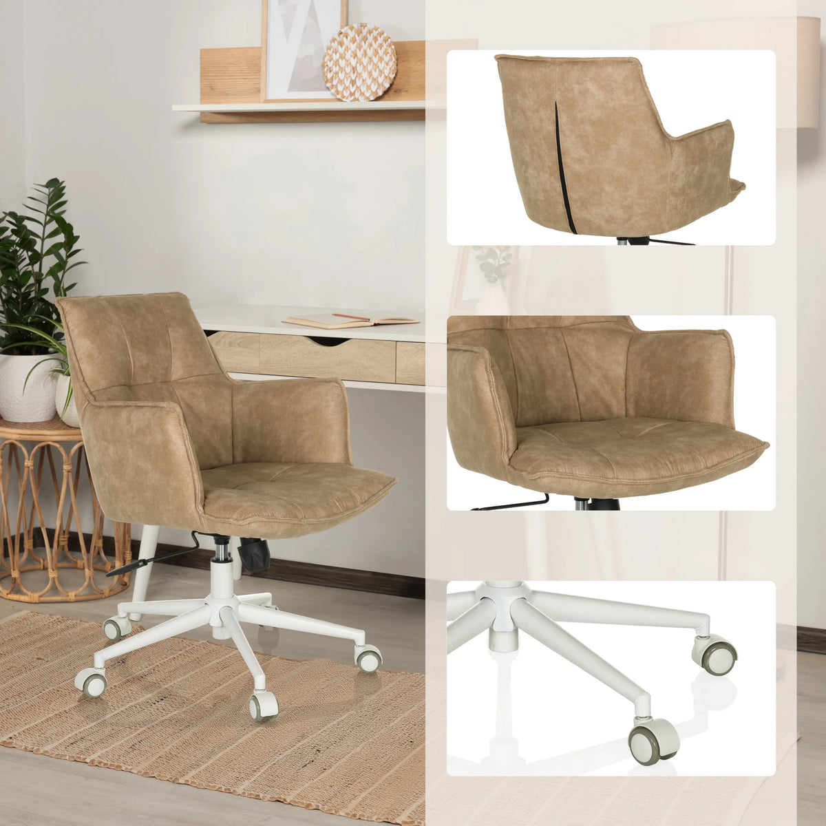 Beige Home Office Chair SOLAO LIFE W with white base and castors by hjh LIVING