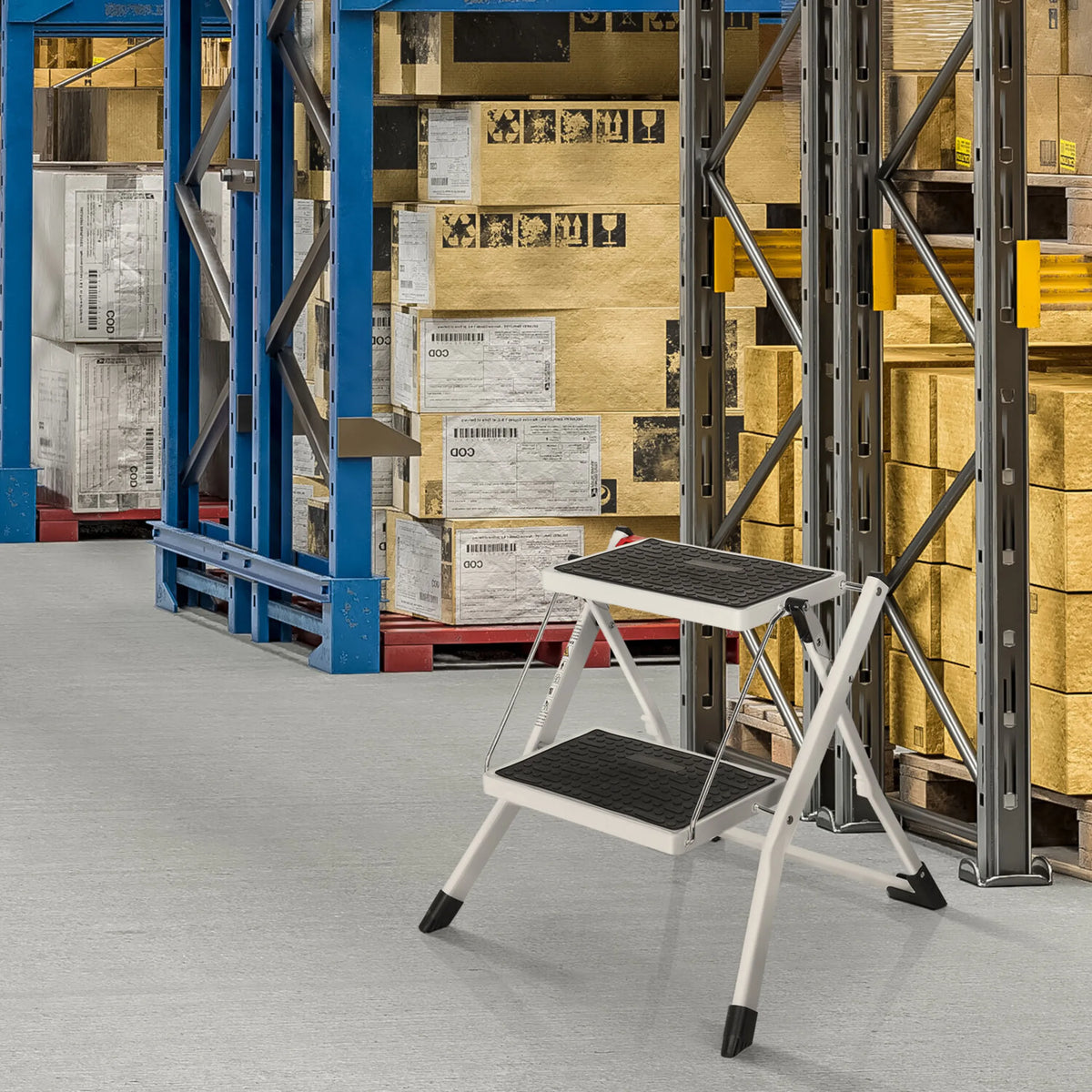 White Folding Ladder SOLID W1 with two black steps in a storage room by hjh OFFICE