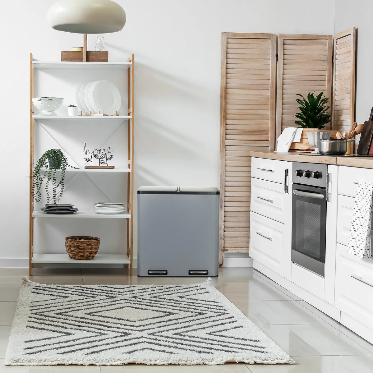 Grey wastepaper bin Clean 13 in a kitchen next to a white shelf by hjh OFFICE