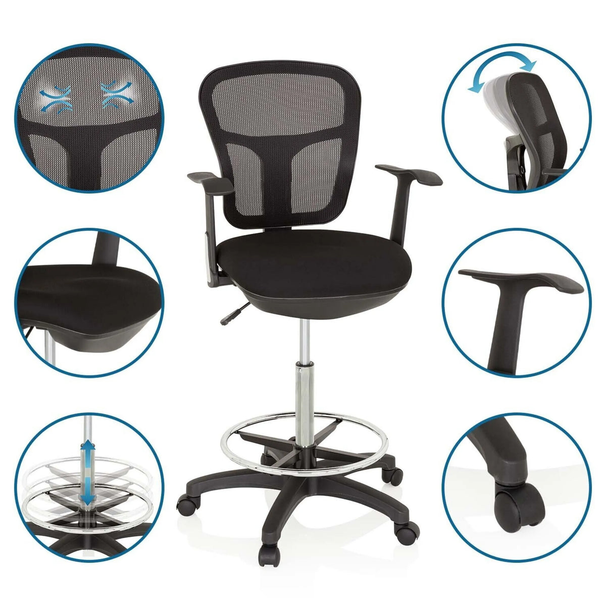Black Counter chair TOP WORK 108 with mesh back, foot ring and castors by hjh OFFICE