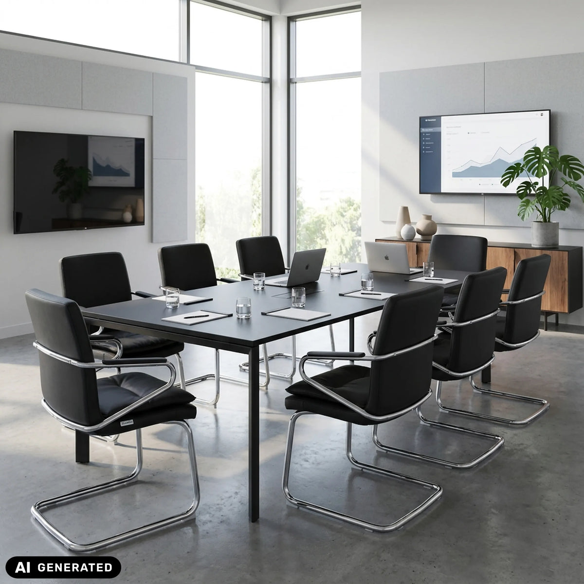Black Rovento V cantilever chair in a conference room by hjh OFFICE (AI-generated image)