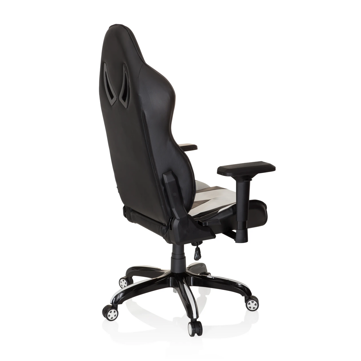 Black and white Gaming chair PROMOTER I with armrests and a five-caster base by hjh OFFICE – 360-degree view (rear three-quarter view 120°)