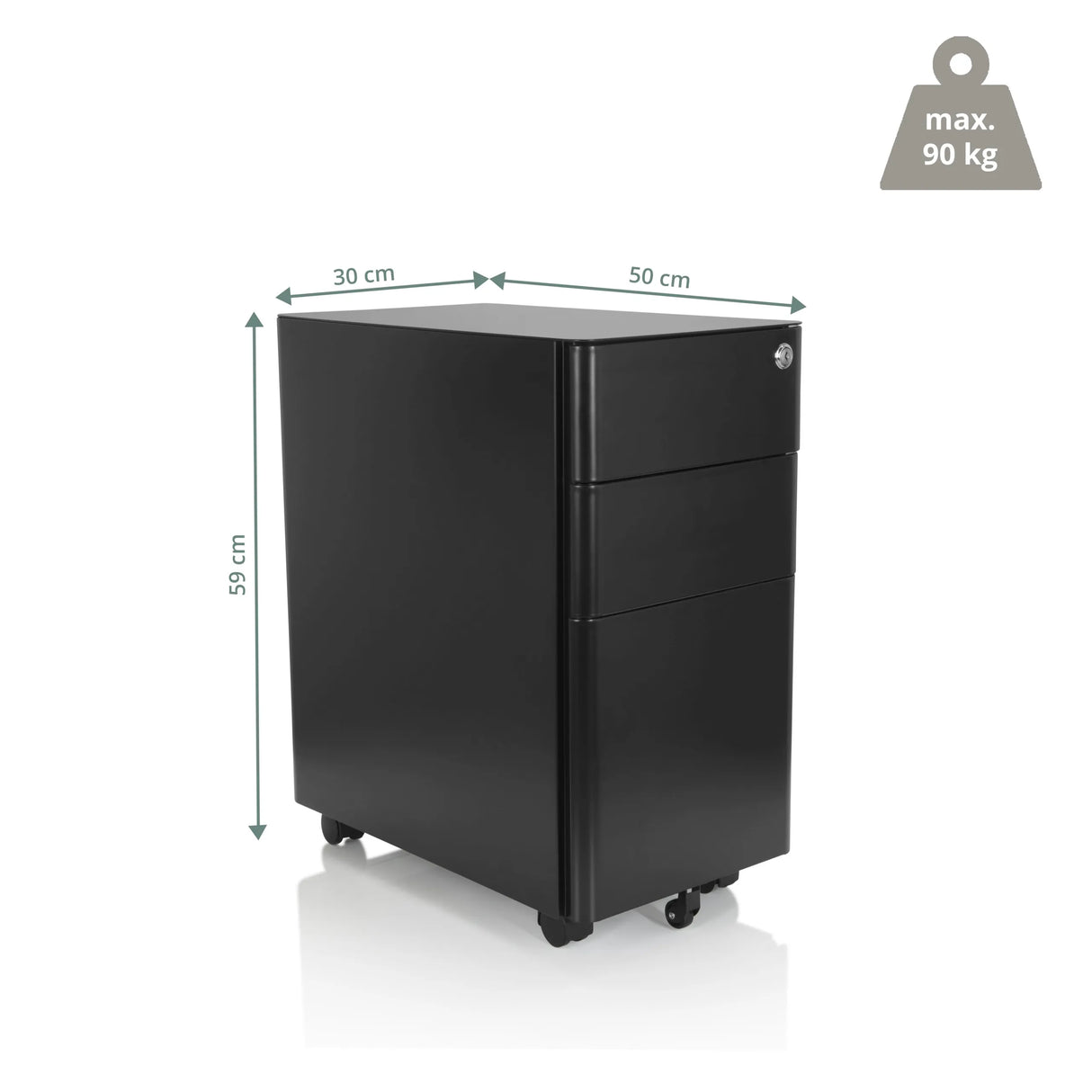 Dimensional drawing of the Mobile Drawer Unit COLOR I with 50 × 30 cm and a load capacity of 90 kg by hjh OFFICE