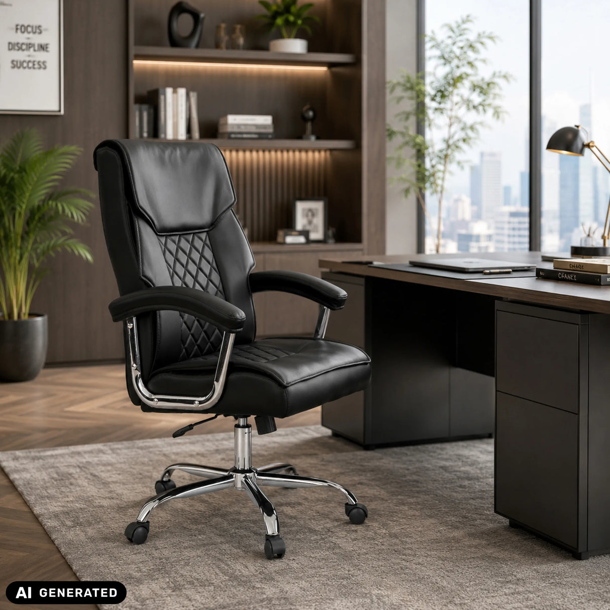 Black Relax Prestio home office chair with quilted pattern and chromed star base in an office by MyBuero