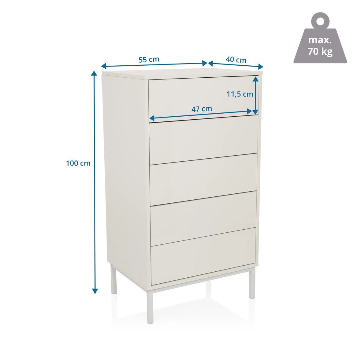 Dimensional drawing of the Chest of drawers BJORDAL with a height of 100 cm and width of 55 cm by hjh LIVING