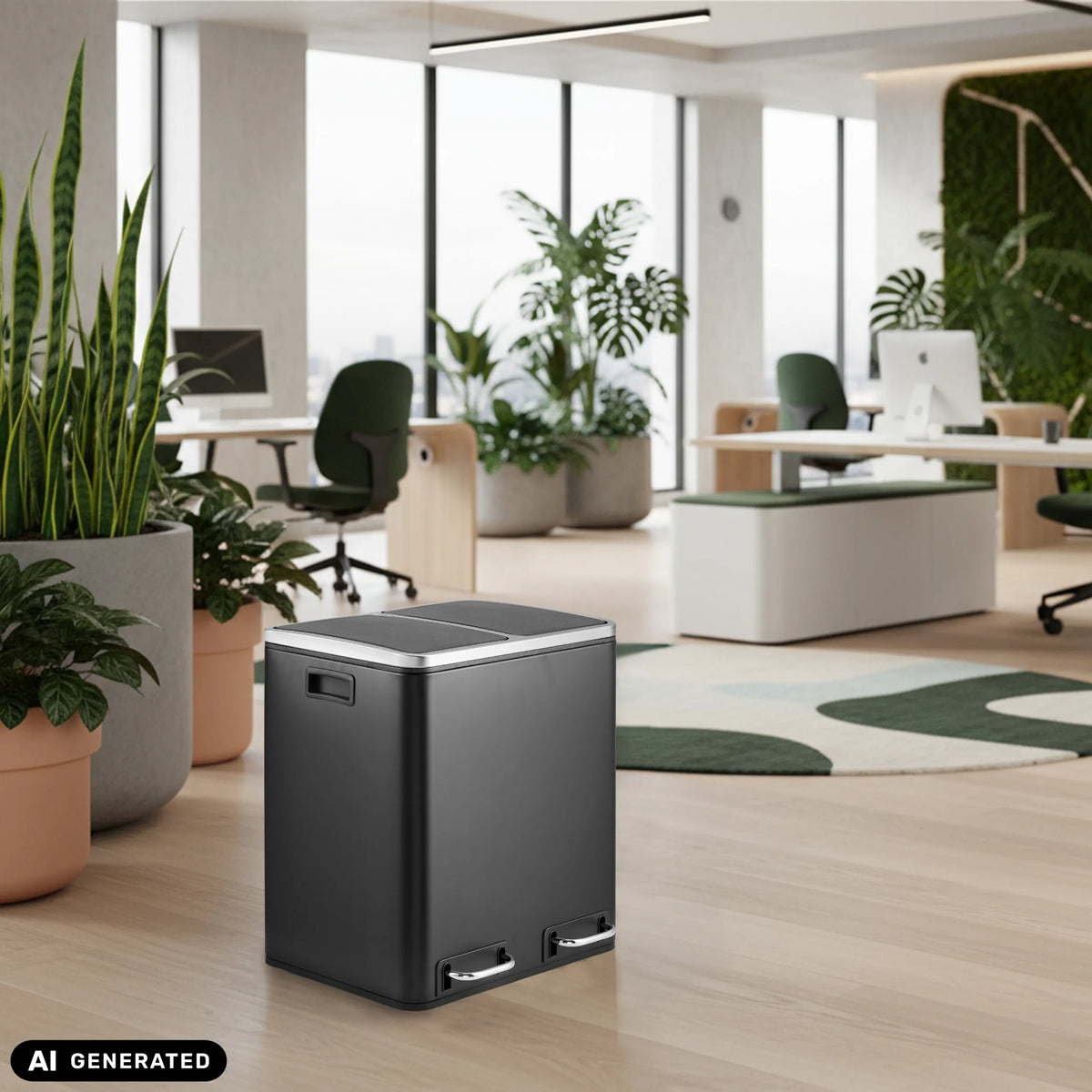 Black Clean 9 wastepaper bin with two compartments in an office by hjh OFFICE (AI-generated image)
